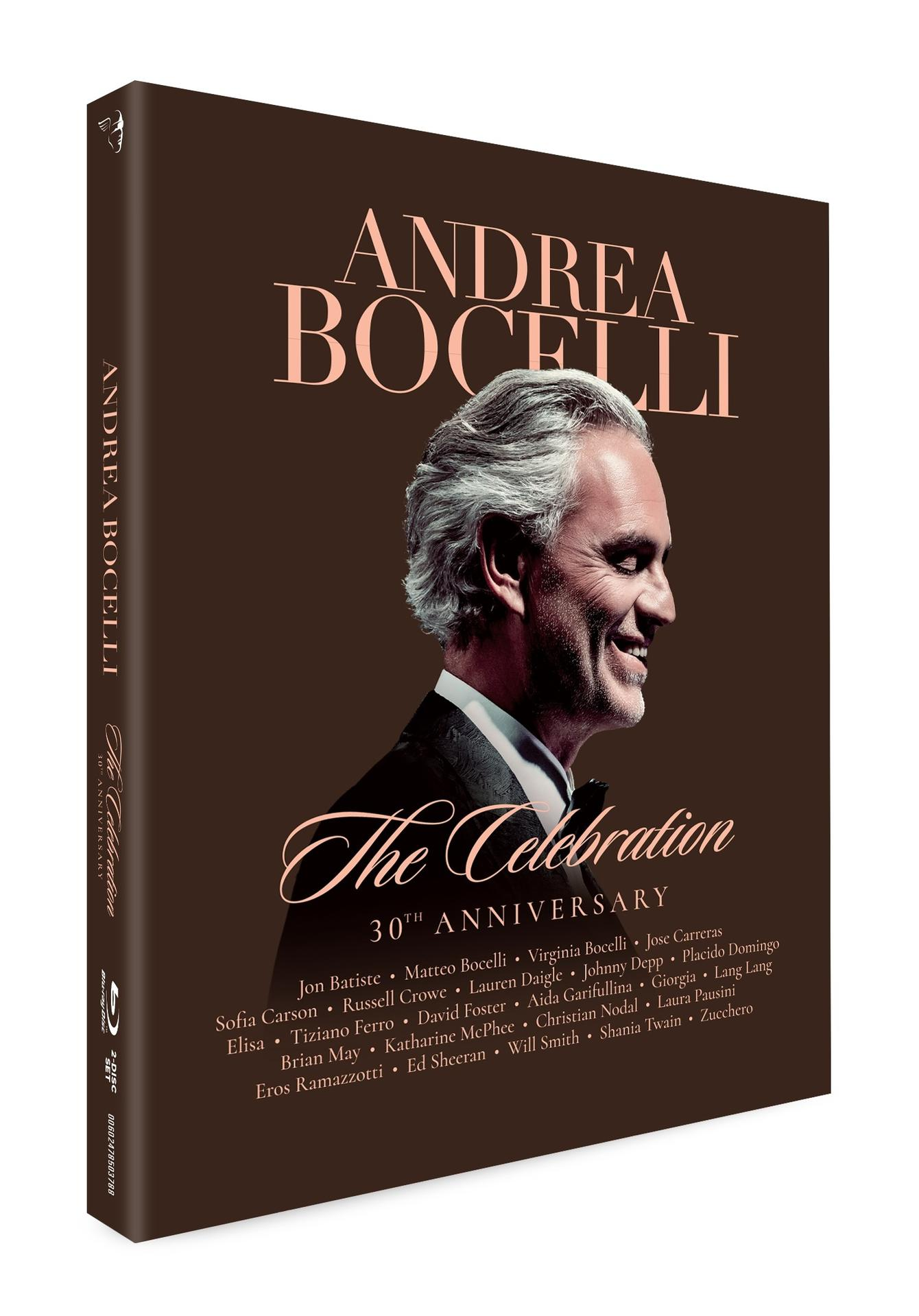 DVD-Cover von Andrea Bocellis 'The Celebration'. Zeigt Bocelli lächelnd, brauner Hintergrund und Namen der Gastkünstler.