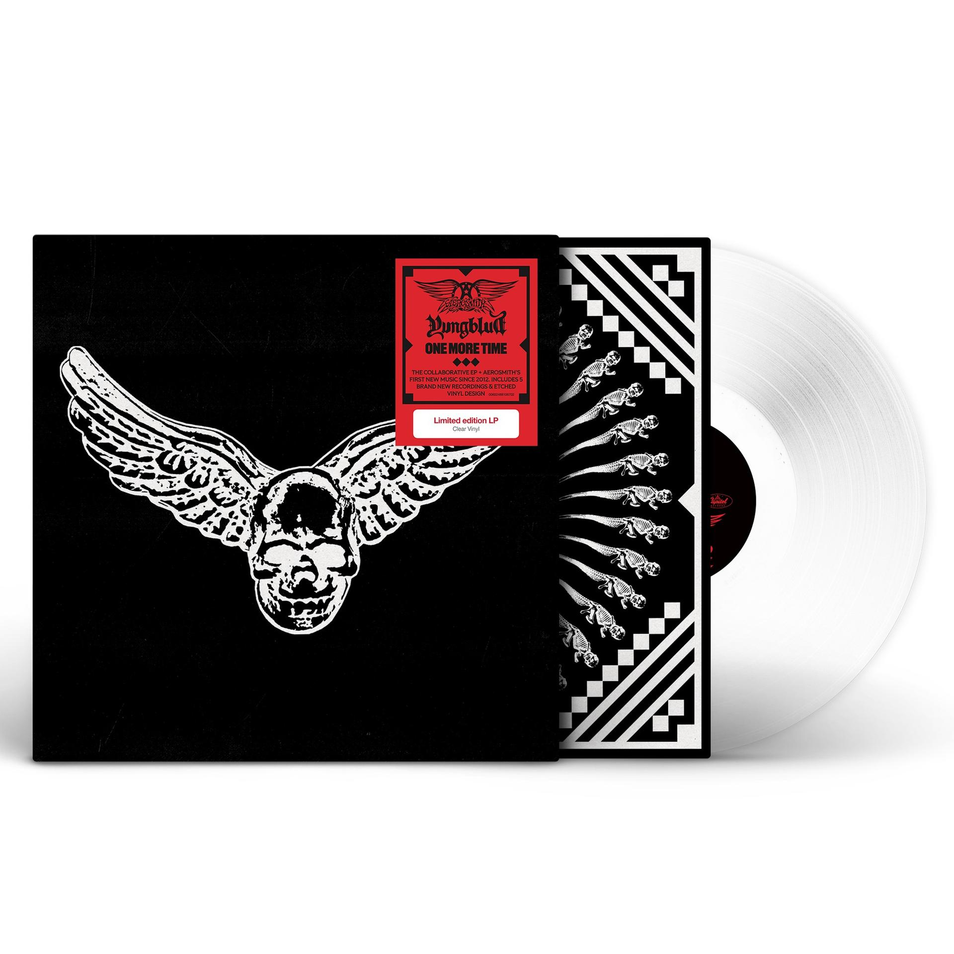 Albumcover. Schwarzer Hintergrund mit geflügeltem Totenkopf und rotem Etikett. Transparente Schallplatte rechts.
