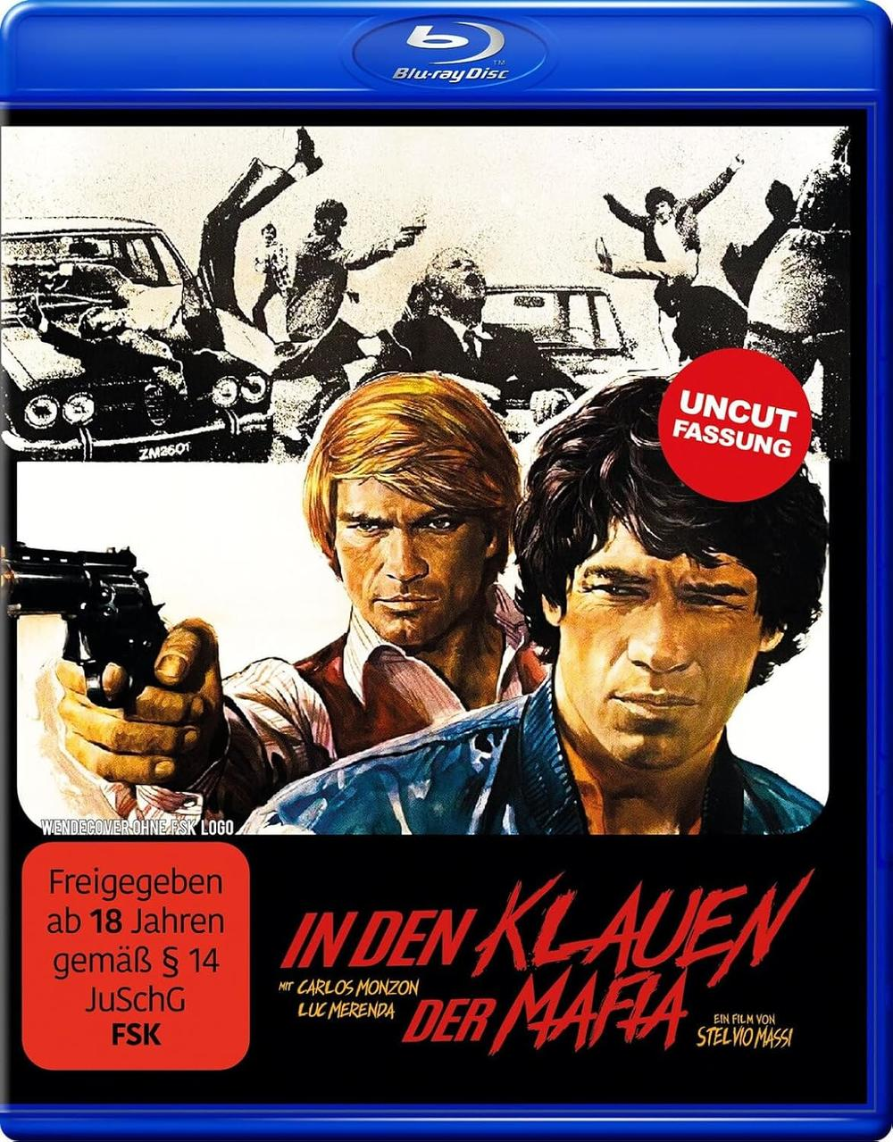 Filmcover mit zwei Männern im Vordergrund, einer hält eine Waffe. Hintergrund zeigt eine Verfolgungsjagd, Titel "In den Klauen der Mafia".