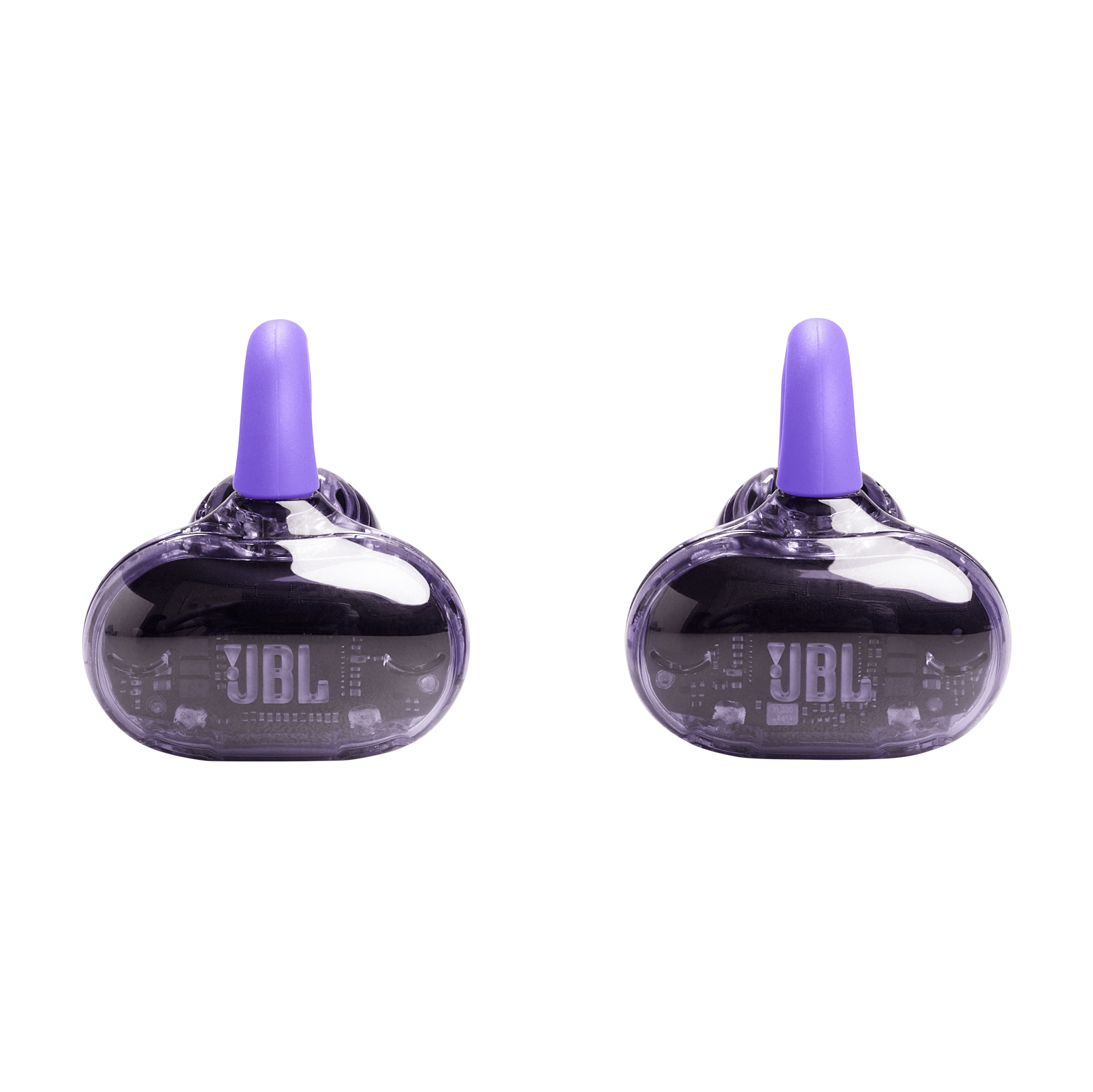 Zwei durchsichtige JBL-Ohrhörer mit lila Spitzen vor weißem Hintergrund. Das JBL-Logo ist auf jedem Ohrhörer sichtbar.