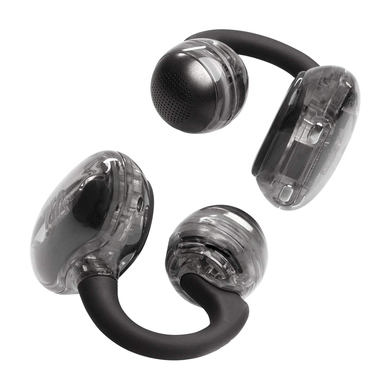 Vier transparente, schwarze Headsets vor weißem Hintergrund. Jedes hat einen Lautsprecher und einen schwarzen Ohrhaken.