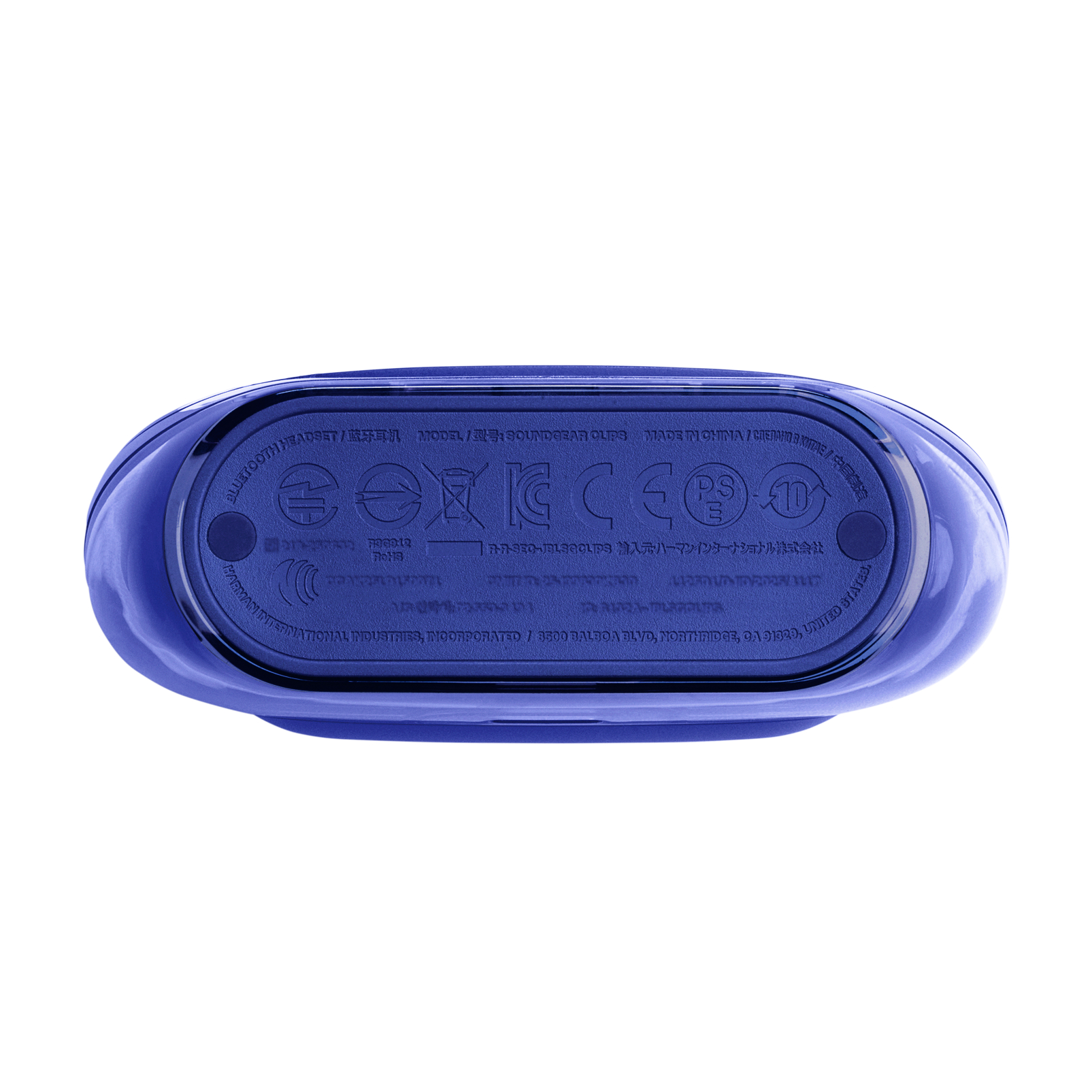 Die Unterseite eines blauen, oval geformten Geräts wird gezeigt. Es enthält Kennzeichnungen und Text, darunter 'Bluetooth-Headset'.