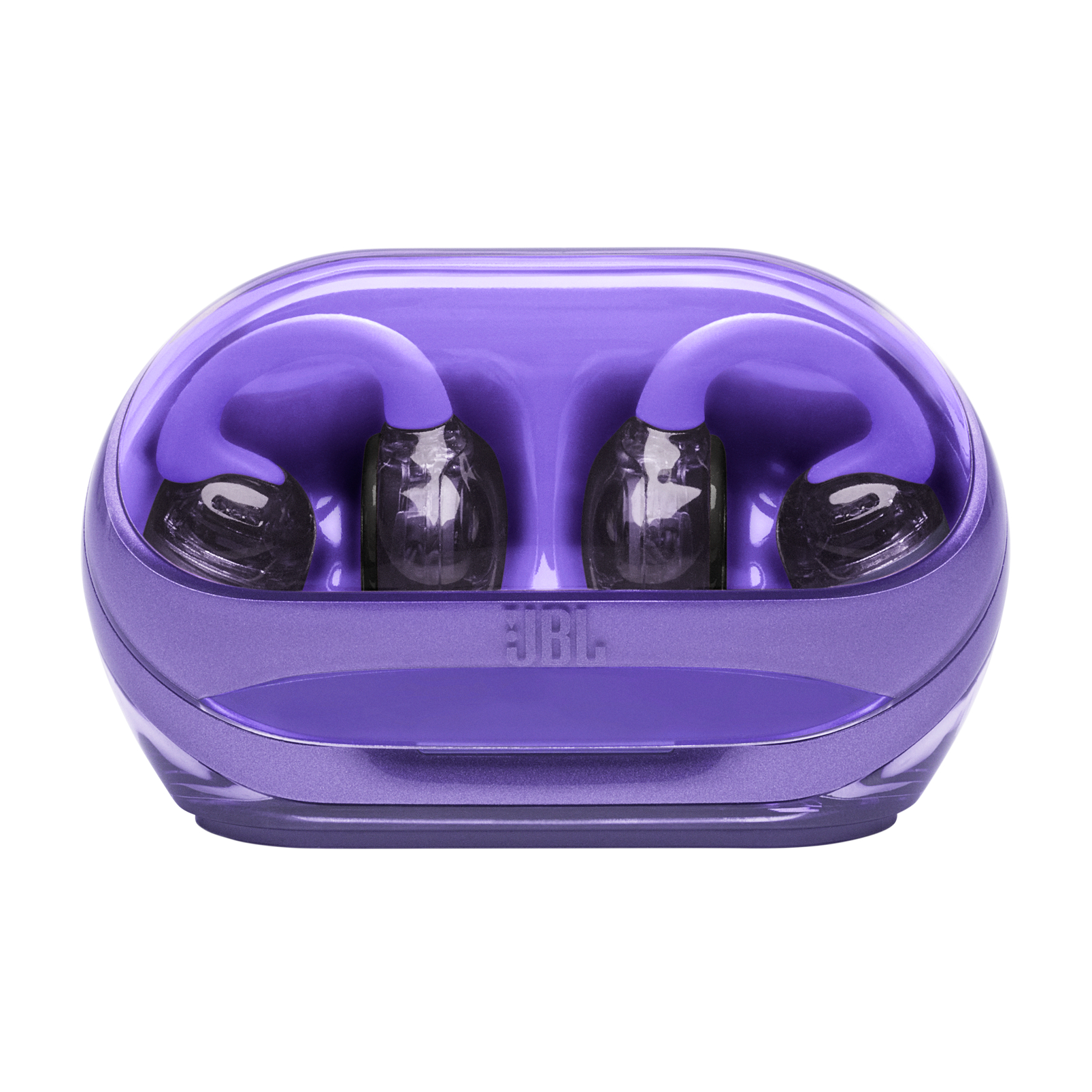 Lila JBL-Ohrhörer in einem Ladeetui. Das Etui und die Ohrhörer sind lila. Das JBL-Logo ist sichtbar.