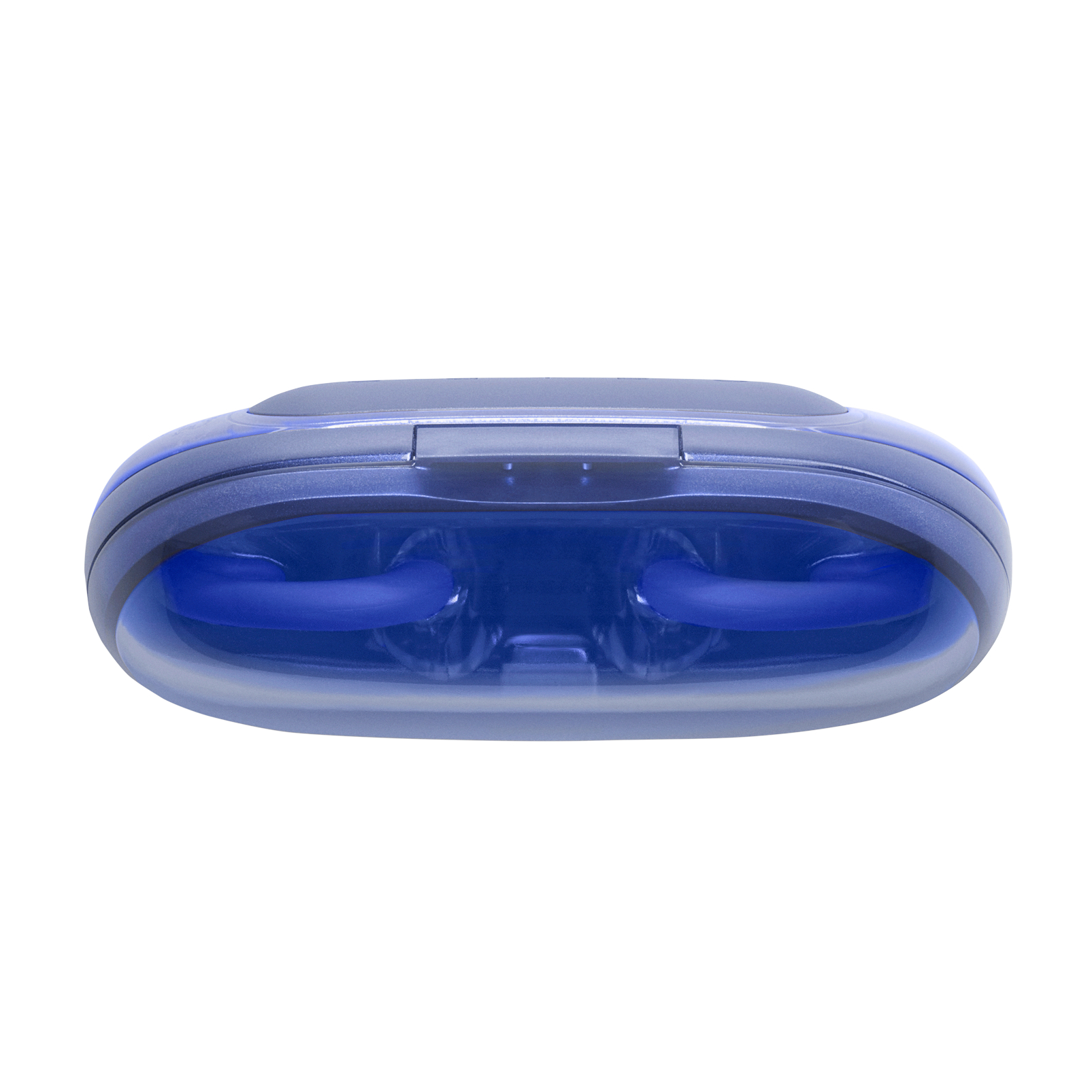Ein blau-graues Gerät, möglicherweise ein Ladeetui für Ohrhörer, mit zwei blauen Röhren in einer transparenten Hülle.