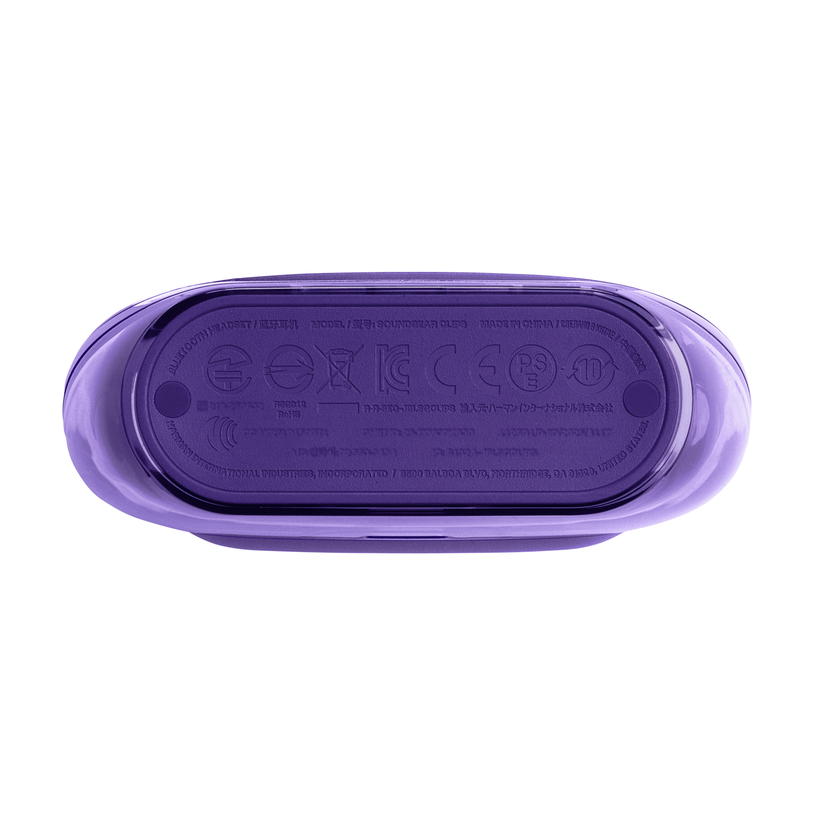 Unterseite des violetten Bluetooth-Headsets mit Text und Symbolen. Hergestellt in China. Harman International Industries, Inc.