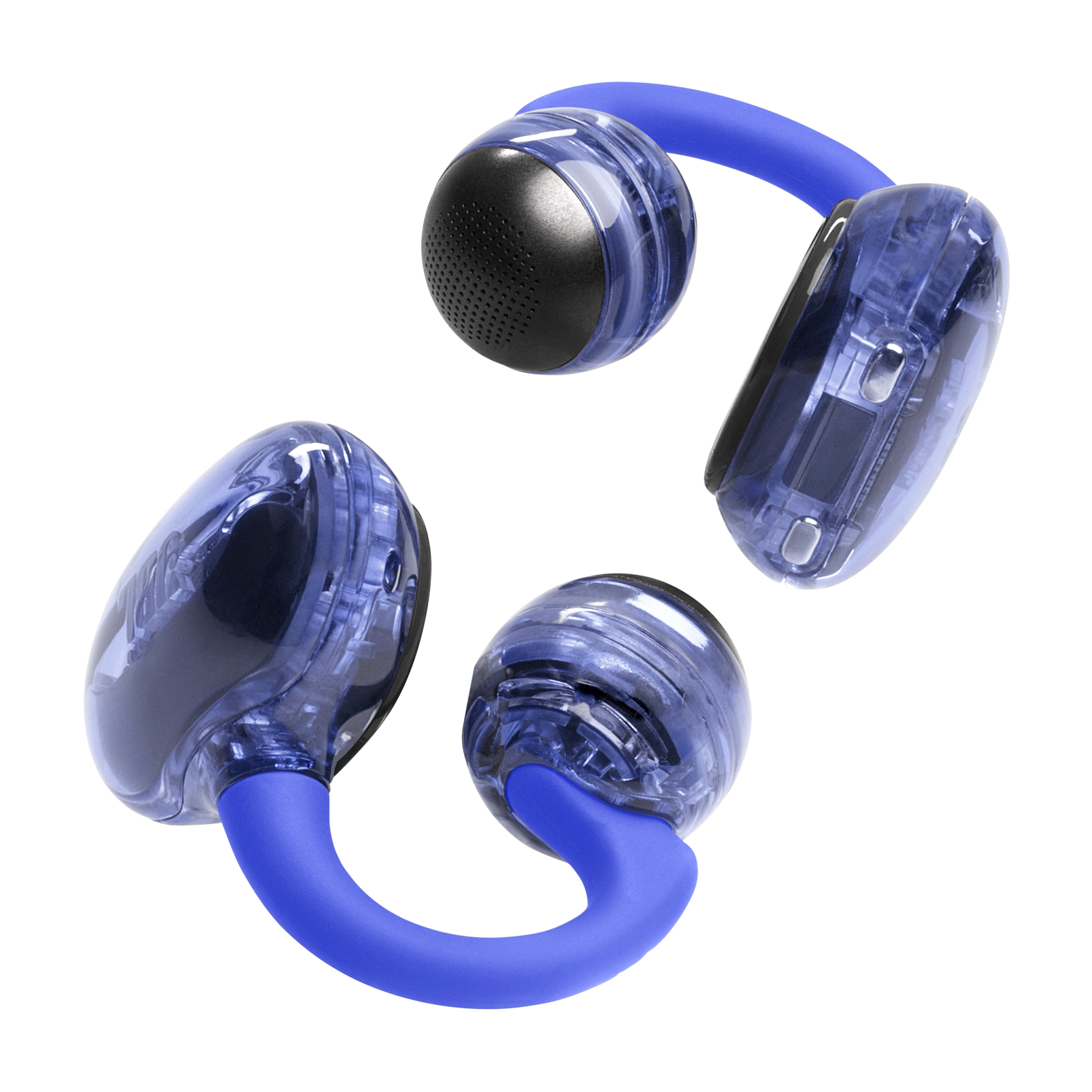 Blaue und transparente Kopfhörer mit blauem Band. Die Kopfhörer schweben vor weißem Hintergrund.