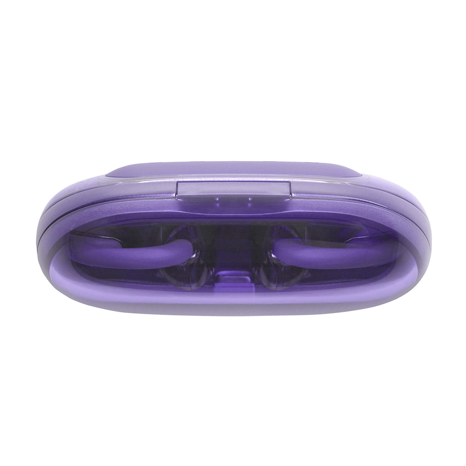 Ein lila, oval geformtes Gerät mit transparentem Deckel und zwei gebogenen Röhren im Inneren, vor weißem Hintergrund.