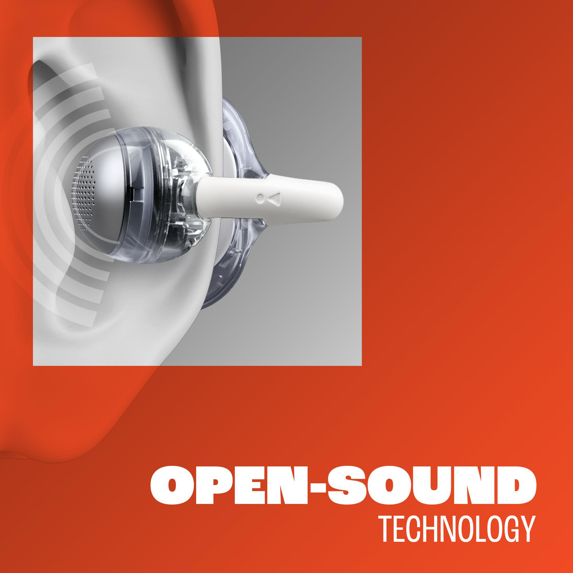 Ein Ohrhörer wird in einem Ohr gezeigt. Der Hintergrund ist orange. Der Text "OPEN-SOUND TECHNOLOGY" ist geschrieben.