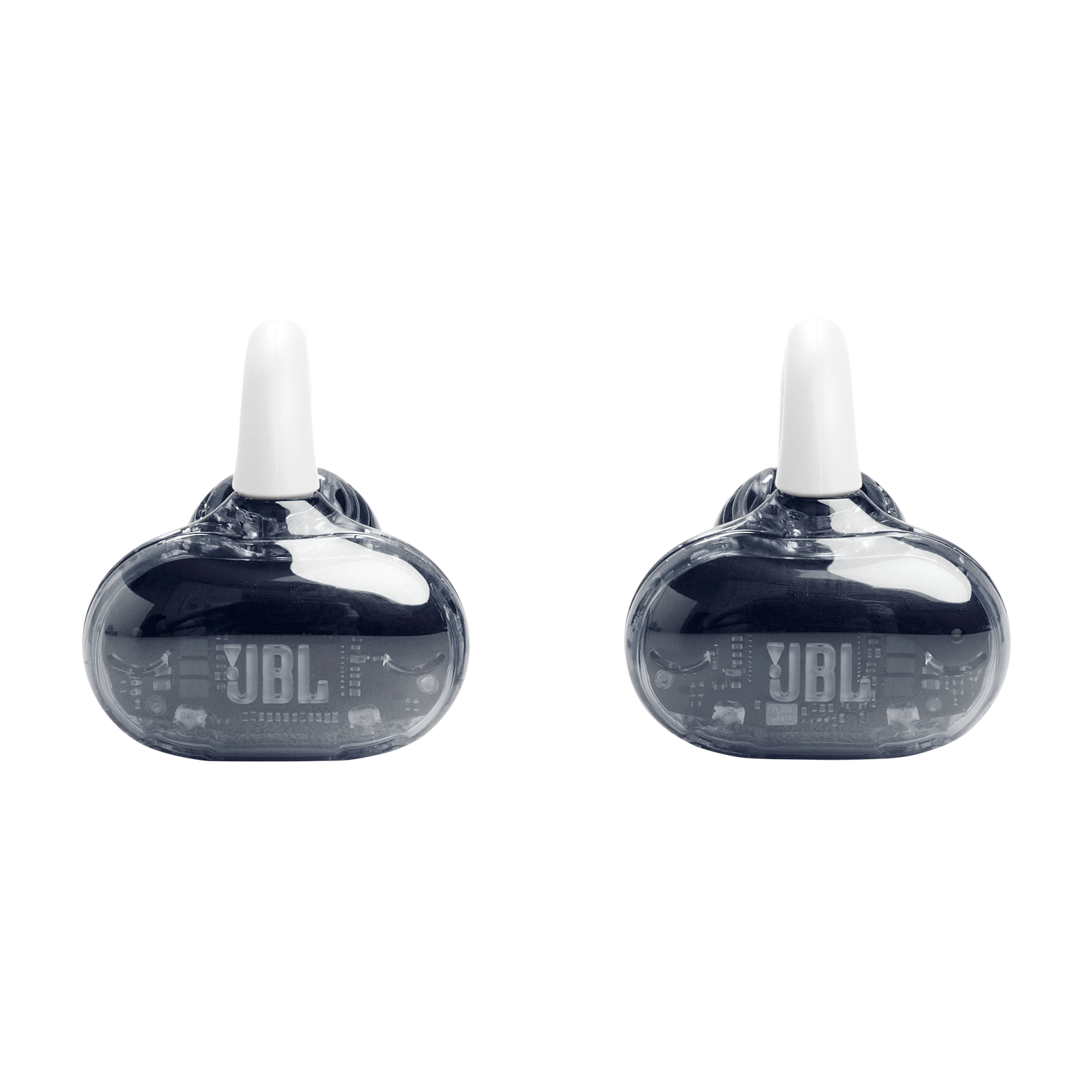 Zwei transparente JBL-Ohrhörer, jeweils mit weißem Stiel. Die Ohrhörer sind schwarz mit JBL-Logo. Weißer Hintergrund.