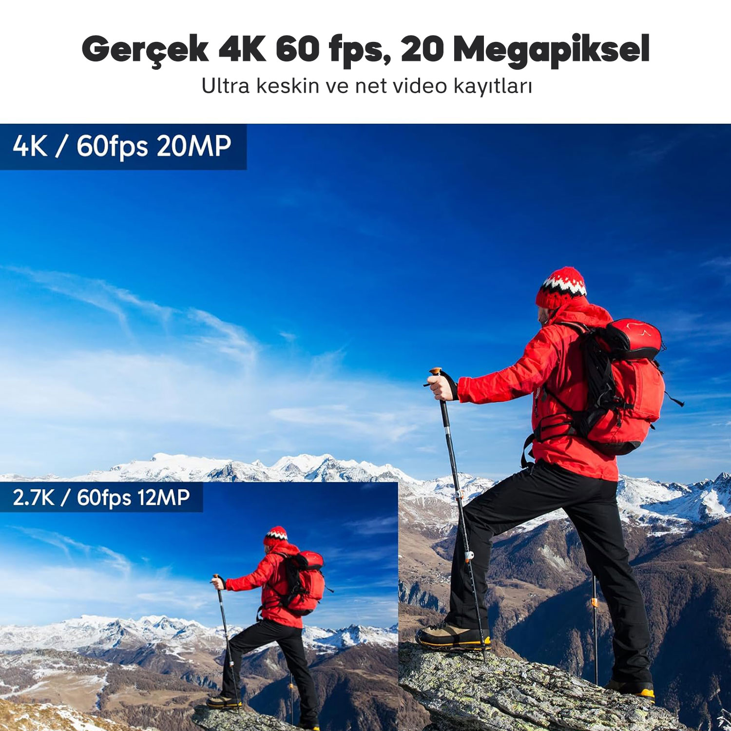 Kırmızı ceketli ve sırt çantalı bir yürüyüşçü, dağ zirvesinde duruyor, arka planda mavi gökyüzü. Metin: 4K 60fps 20MP.