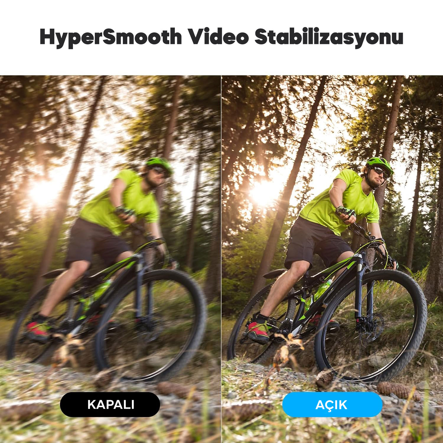 Video stabilizasyonu karşılaştırması. Bir bisikletçi parkurda. Solda bulanıklık. Sağda net bir görüntü.