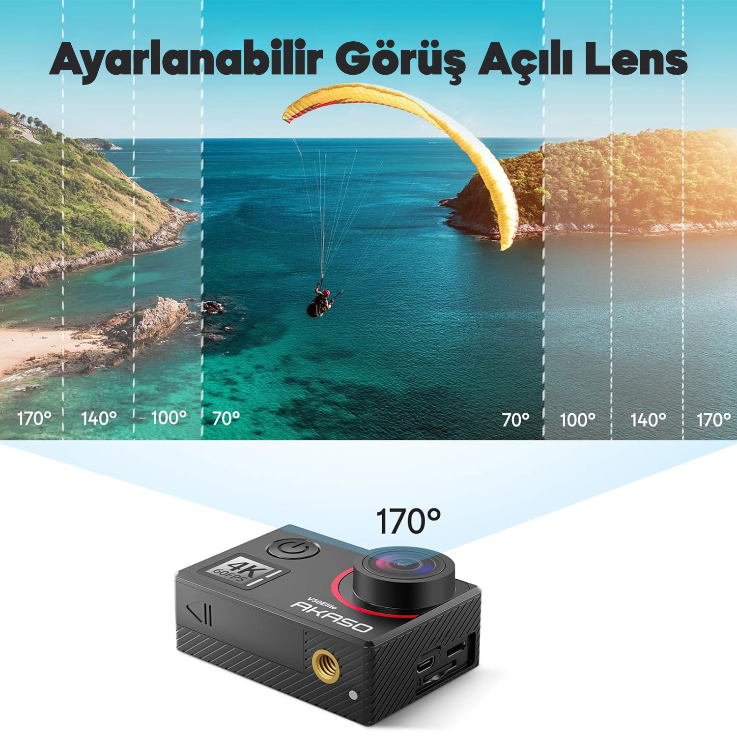 170 derecelik bir lensli aksiyon kamerası, farklı görüş açılarına sahip bir denizin üzerinde yamaç paraşütüyle uçan birini gösteriyor. Kamera siyah ve kırmızı detaylı.