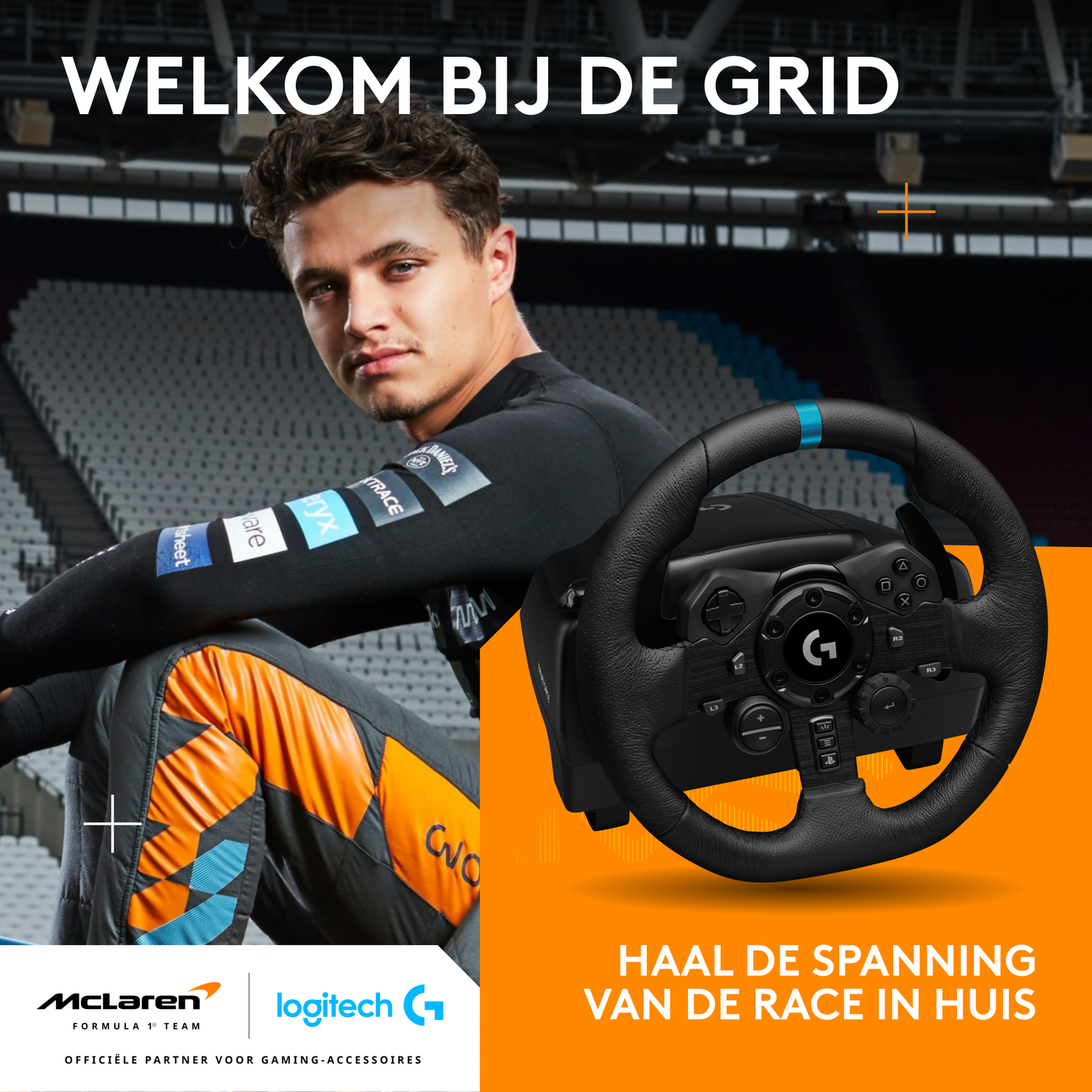 Man in racing suit with a steering wheel, text 'WELKOM BIJ DE GRID'. McLaren and Logitech logos are visible. Orange background.