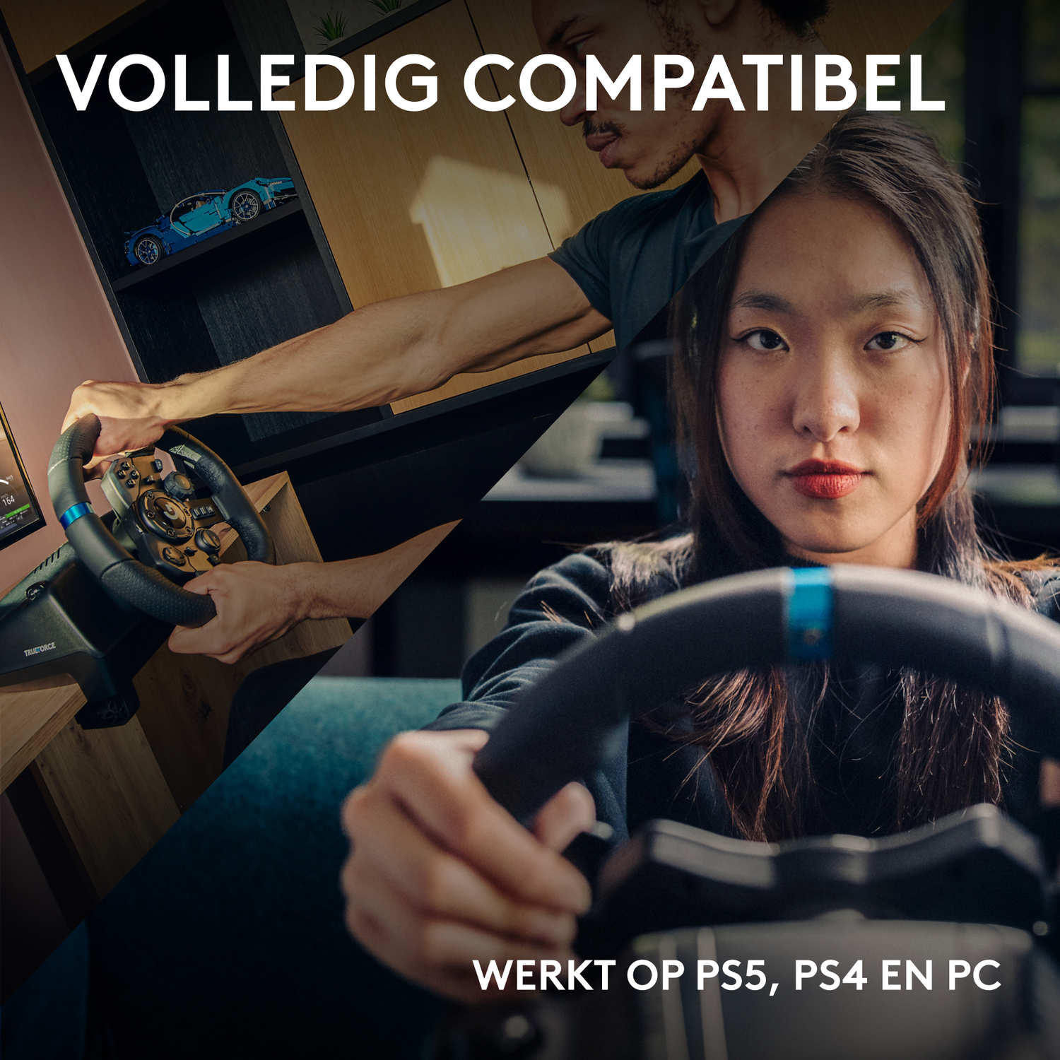 Image shows two people holding a steering wheel. A blue car toy sits on a shelf. Text says 'WERKT OP PS5, PS4 EN PC'.