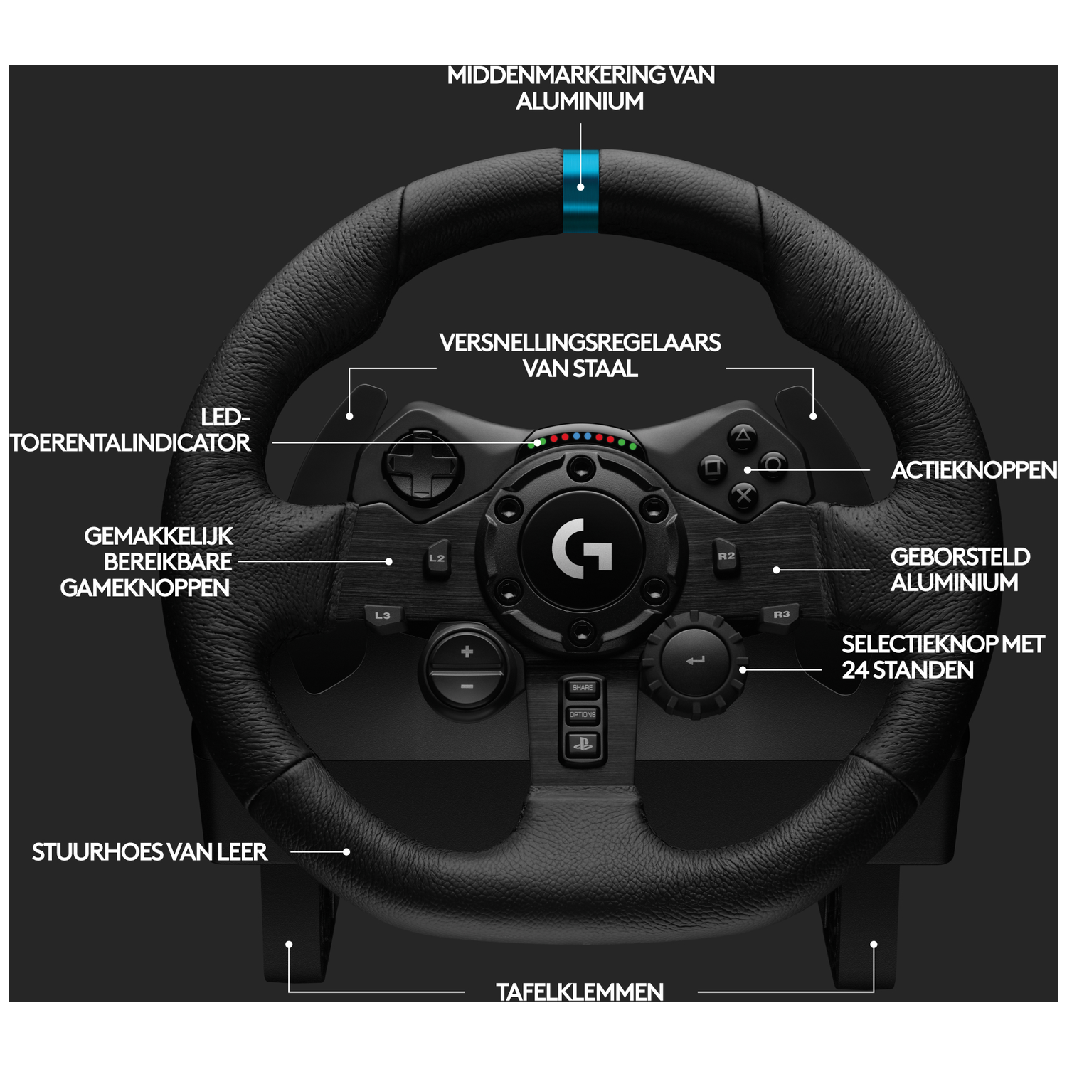 A black steering wheel with silver accents and labeled buttons. The wheel has a leather grip with text labels.