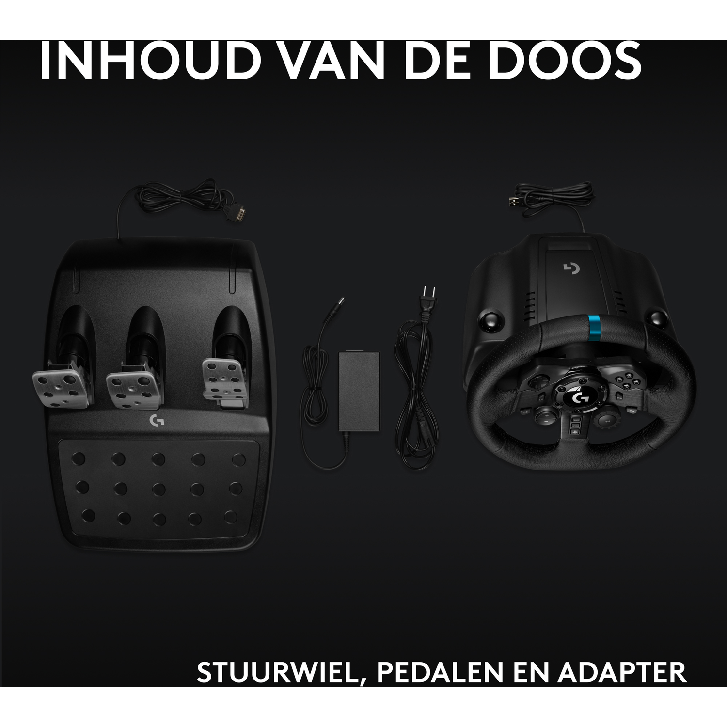 A gaming steering wheel, pedals, and adapter are displayed against a black background. Text says 'Contents of the box'.