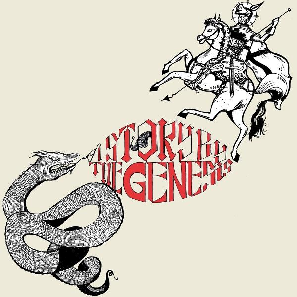 Illustration eines Ritters auf einem Pferd, der eine Schlange angreift. Der Text "A Story by the Legends" ist rot. Schwarz-Weiß-Stil.