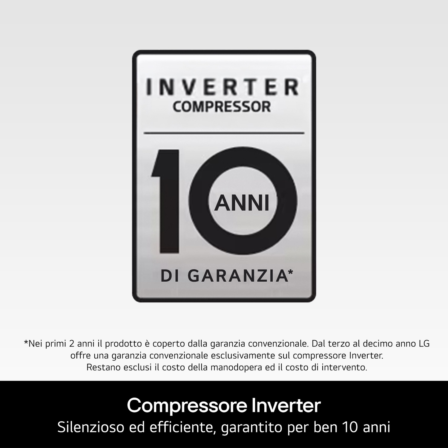 Un badge con le parole "INVERTER COMPRESSOR 10 ANNI DI GARANZIA". Il testo sottostante indica i dettagli della garanzia.