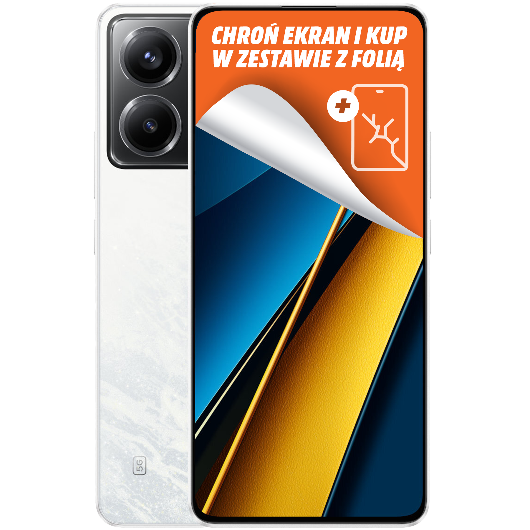 Biały smartfon z odrywaną folią ochronną. Folia ma tekst i obraz pękniętego ekranu.