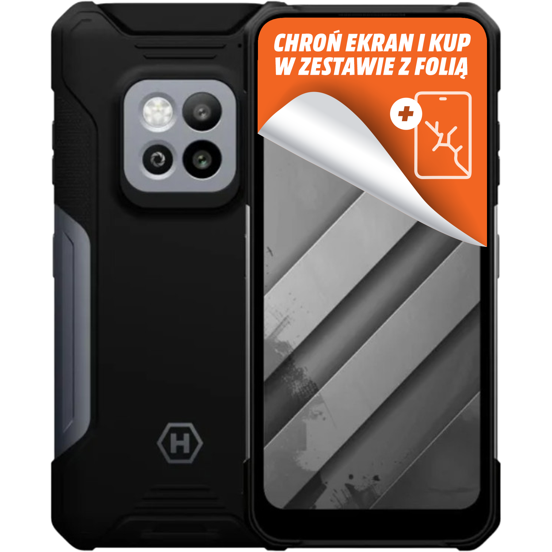 Czarny telefon w etui ochronnym. Ekran z odklejonym rogiem, polskim tekstem i ikoną pękniętego telefonu.