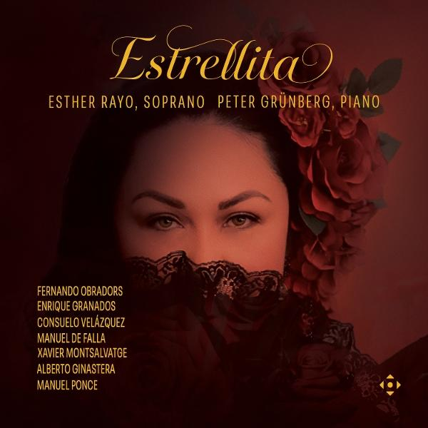 Albumcover: Eine Frau mit Rosen und Schleier. Text enthält 'Estrellita' und Namen wie Esther Rayo. Dunkelroter Hintergrund.
