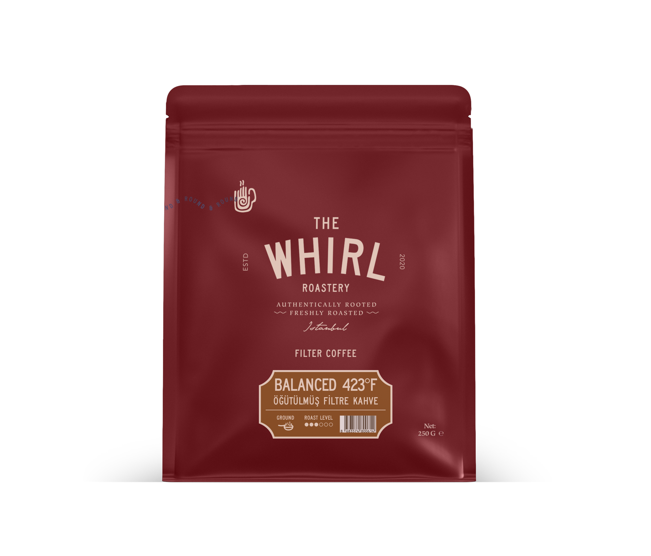 'The Whirl Roastery' yazılı bordo kahve poşeti. 'Balanced 423°F' ve 'Filter Coffee' yazar. Net: 250 G e.