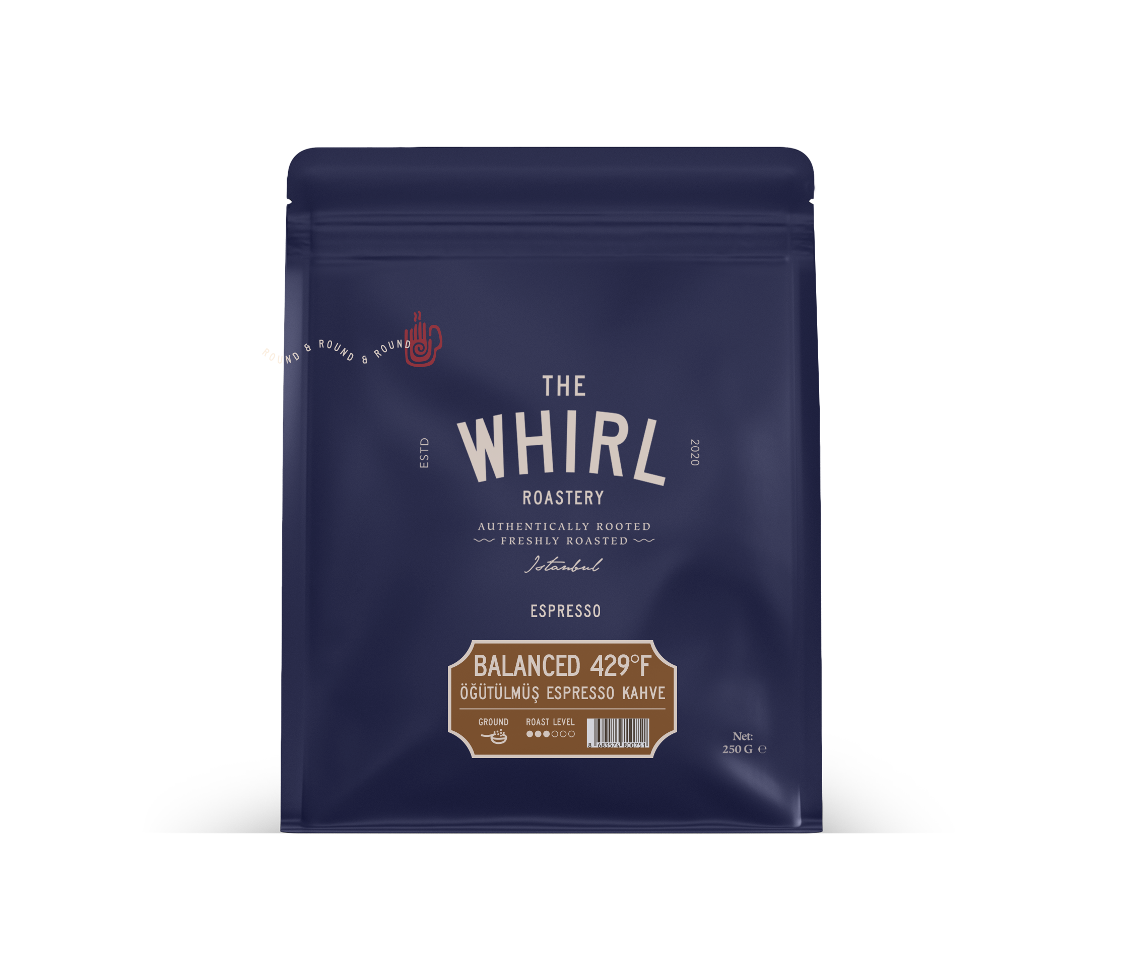 Whirl Roastery logosu ile lacivert bir kahve poşeti. Metin 'Espresso', 'Balanced 429°F' ve Türkçe metin içerir.
