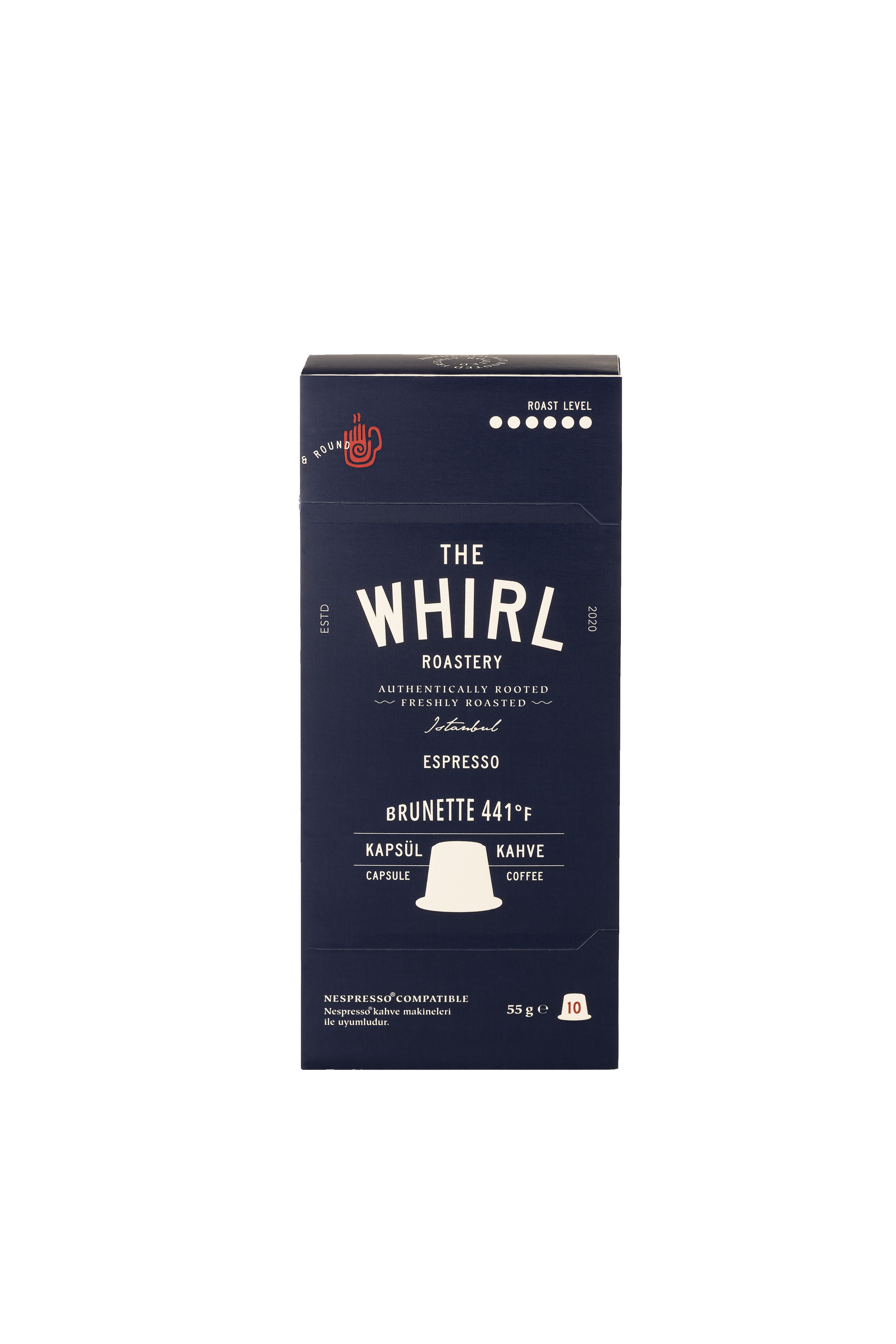 Beyaz yazı ve logoya sahip, koyu mavi bir kahve kapsülü kutusu. Üzerinde 'The Whirl Roastery' ve 'Espresso' yazıyor.