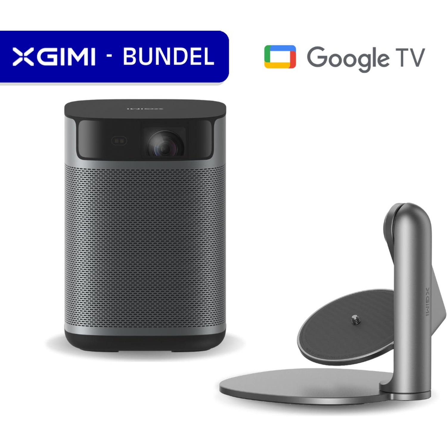 Een cilindrische projector met een standaard. De projector is donkergrijs met een zwart bovenkant. Google TV en XGIMI branding zijn zichtbaar.