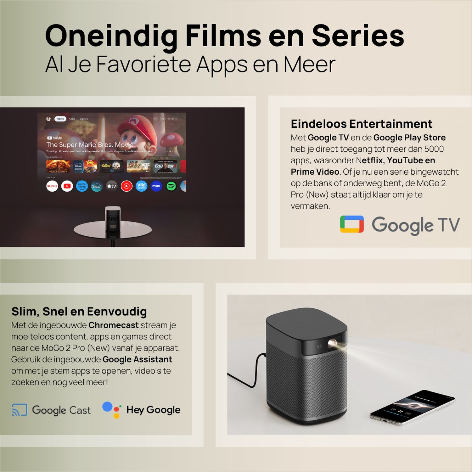 Een advertentie toont een projector, een telefoon en een scherm met content. Tekst promoot apps en streamingdiensten.