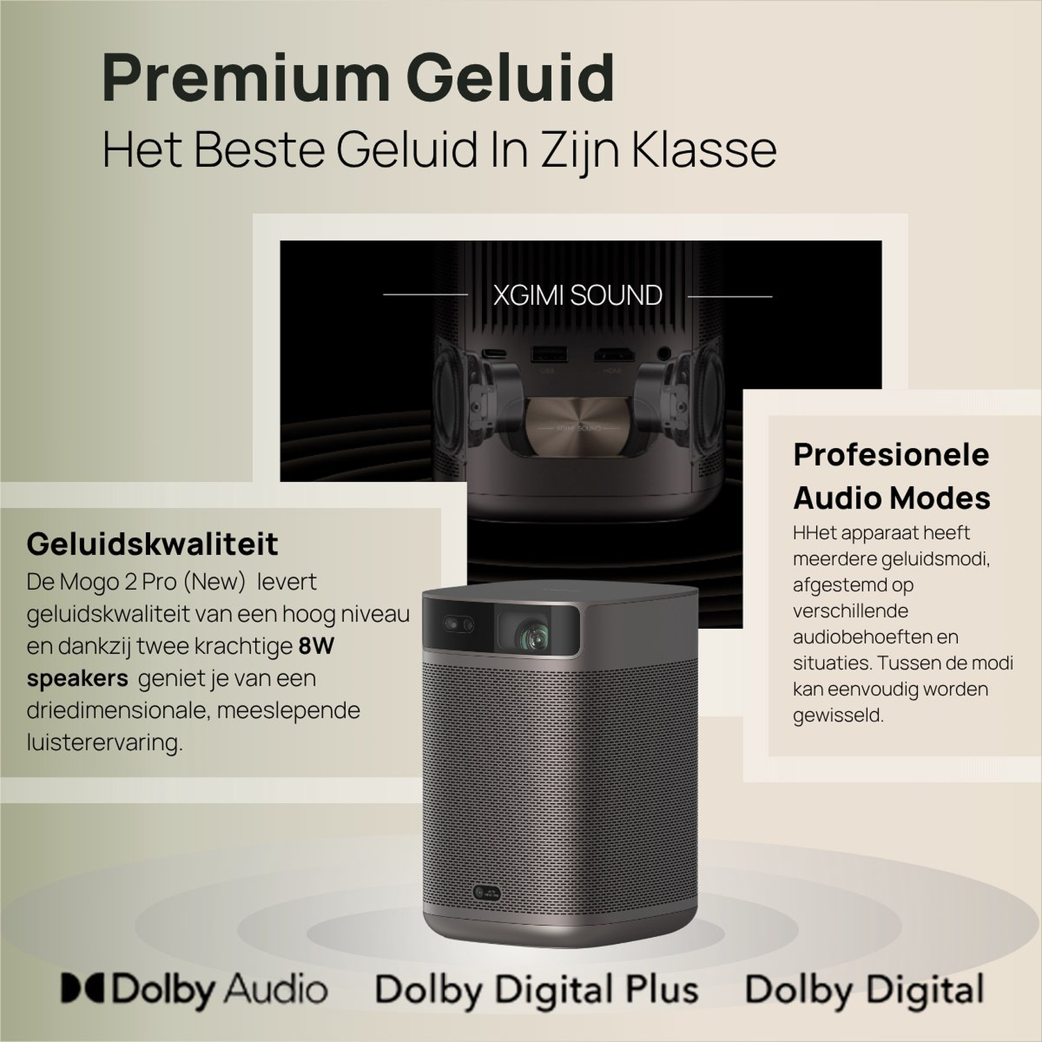 Een cilindrische luidspreker met de tekst 'Premium Geluid'. Kenmerken zijn 'XGIMI SOUND' en 'Dolby Audio'. De luidspreker biedt professionele audiomodi.