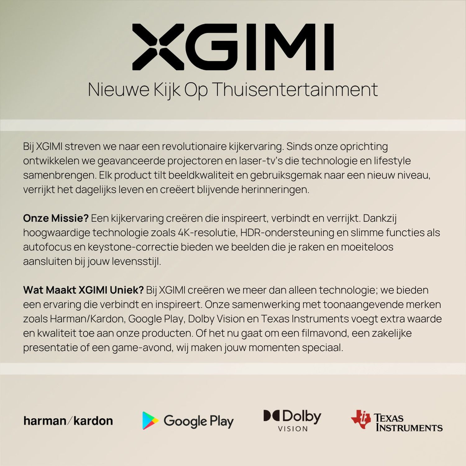 XGIMI-logo en tekst. Tekst benadrukt home entertainment. Vermeldt 4K-resolutie, HDR en partnerschappen met Harman/Kardon, Google Play, Dolby Vision.