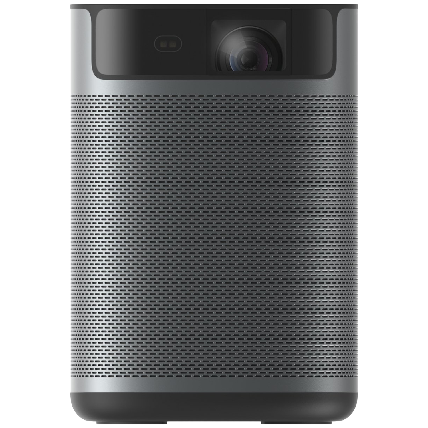 Een cilindrische projector met een zwarte bovenkant, zilveren midden en zwarte basis. Het heeft een lens en ventilatiegaten.