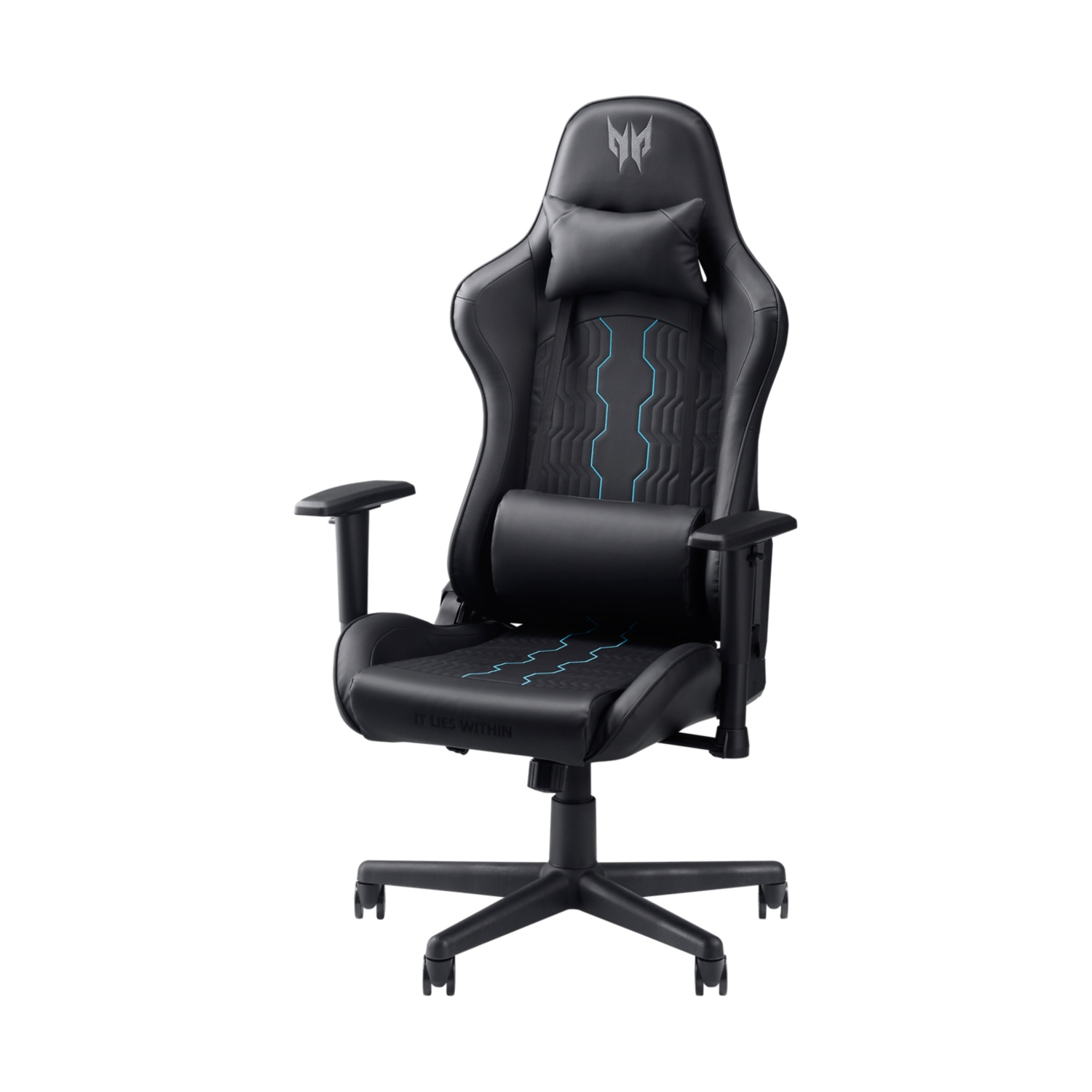 Sedia da gaming nera con poggiatesta, supporto lombare, braccioli e base a cinque stelle con ruote. Linee blu.