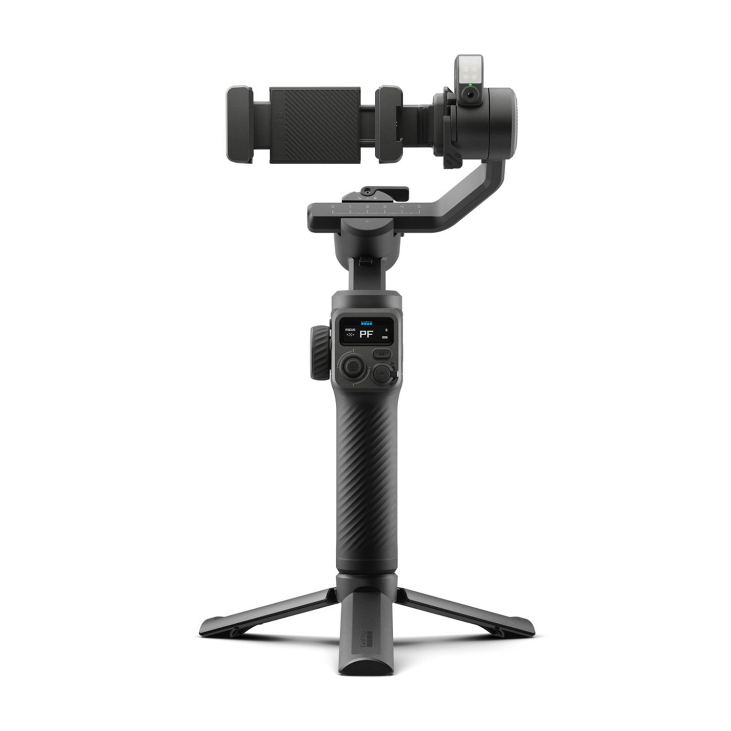 Stabilizzatore per fotocamera nero su sfondo bianco. Ha un supporto per telefono, pulsanti e una base a treppiede per la stabilità.