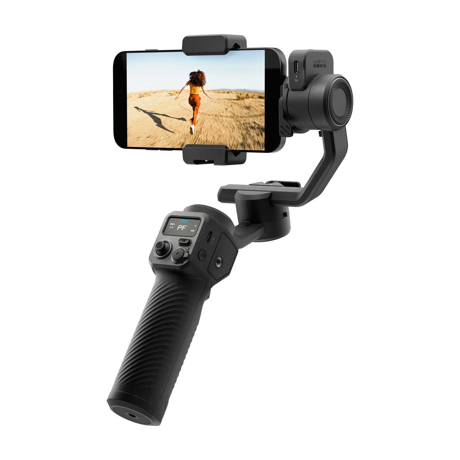 Stabilizzatore gimbal nero che tiene un telefono che mostra una persona che corre all'aperto. Lo sfondo è una scena desertica.
