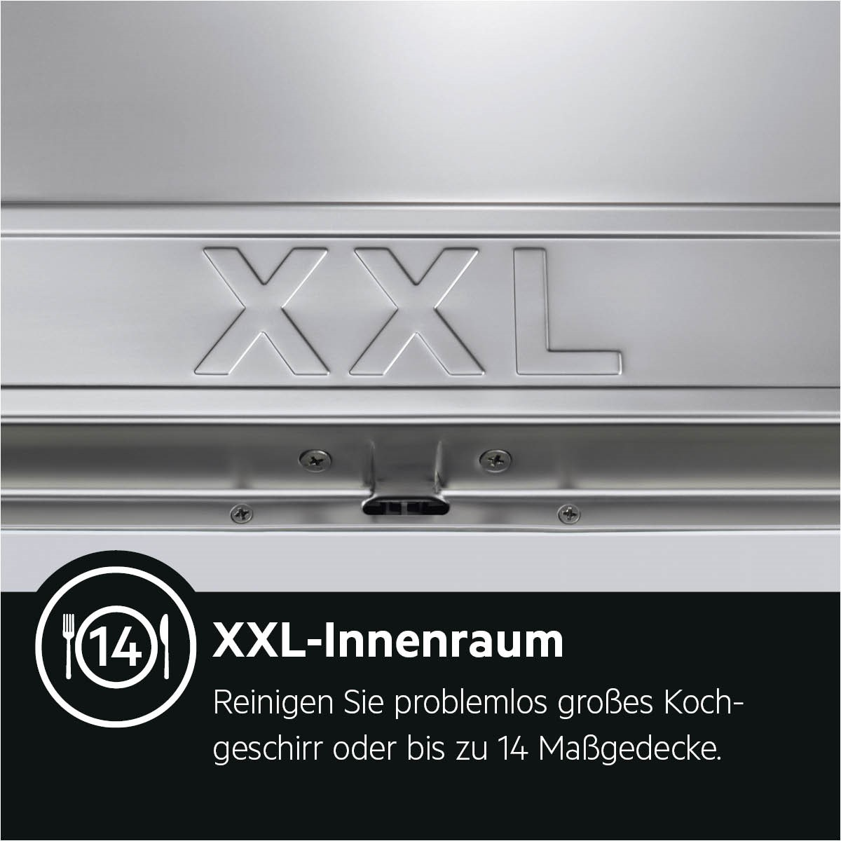 Silberne Metalloberfläche mit geprägtem Text 'XXL'. Darunter ein schwarzes Banner mit Text und Logo für 14-teiliges Set.