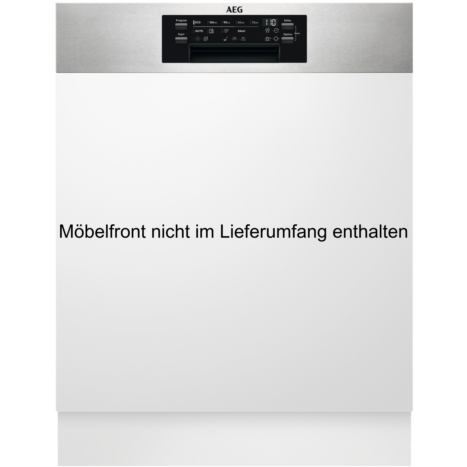 Ein silberner AEG-Geschirrspüler mit einem schwarzen Bedienfeld oben. Die Tür ist weiß mit dem Text 'Möbelfront nicht im Lieferumfang enthalten'.