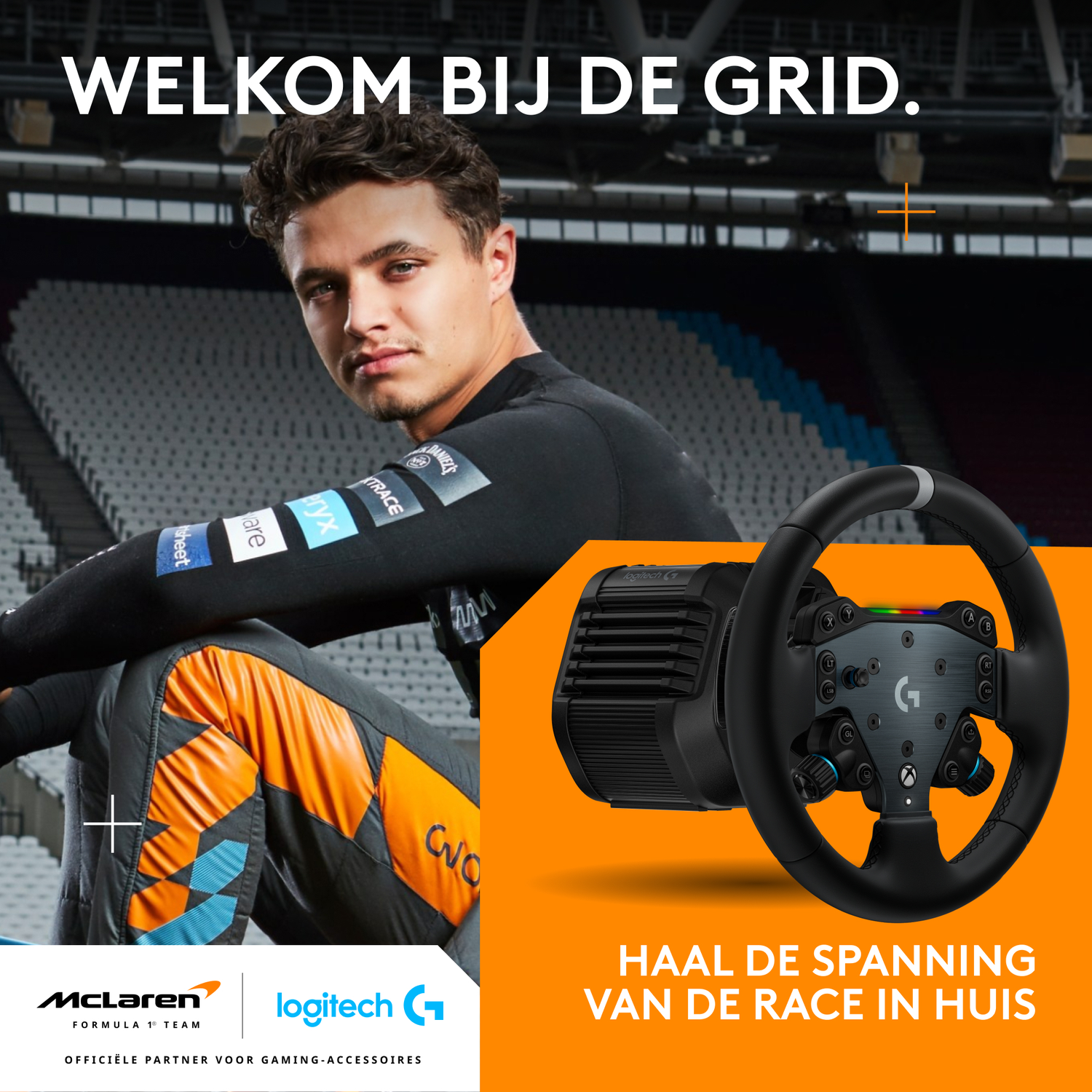 A man in a McLaren suit with a steering wheel. Text says 'Welcome to the grid' and 'Get the excitement of the race at home'.
