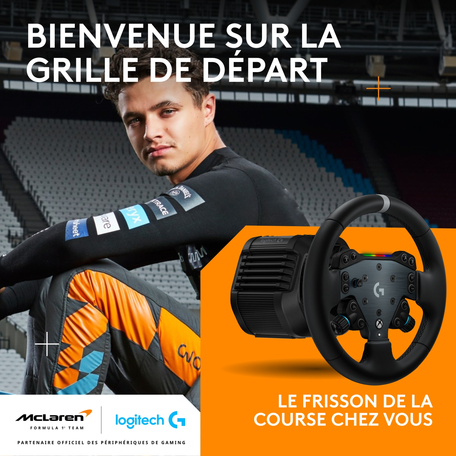 Un homme en tenue de course avec un volant. Texte : 'Bienvenue sur la grille de départ'. Les logos McLaren et Logitech sont visibles.