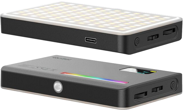 Zwei rechteckige LED-Lichtpaneele. Oberes Panel mit vielen kleinen Lichtern beleuchtet. Unteres Panel hat einen Farbbalken und ein Display.