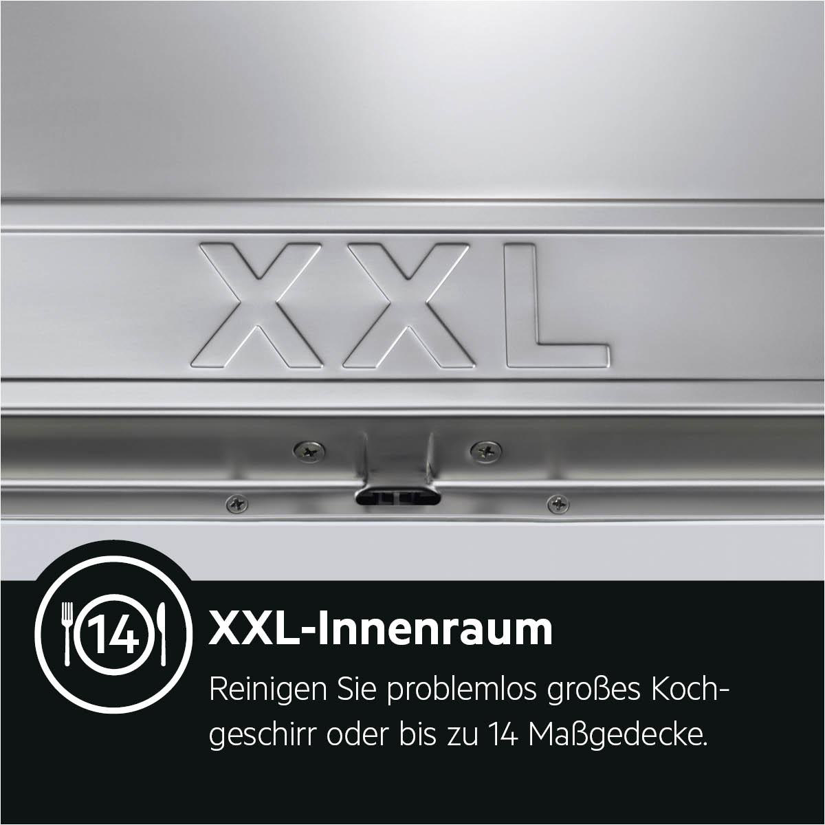 Eine metallische Oberfläche mit den geprägten Buchstaben 'XXL'. Ein weißer Kreis zeigt Besteck und die Zahl 14. Text lautet 'XXL-Innenraum'.