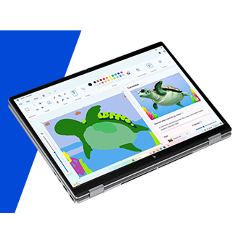 Een laptopscherm toont een schildpaddentekening in een schilderprogramma. De laptop is open, schuin geplaatst en ligt op een wit oppervlak.