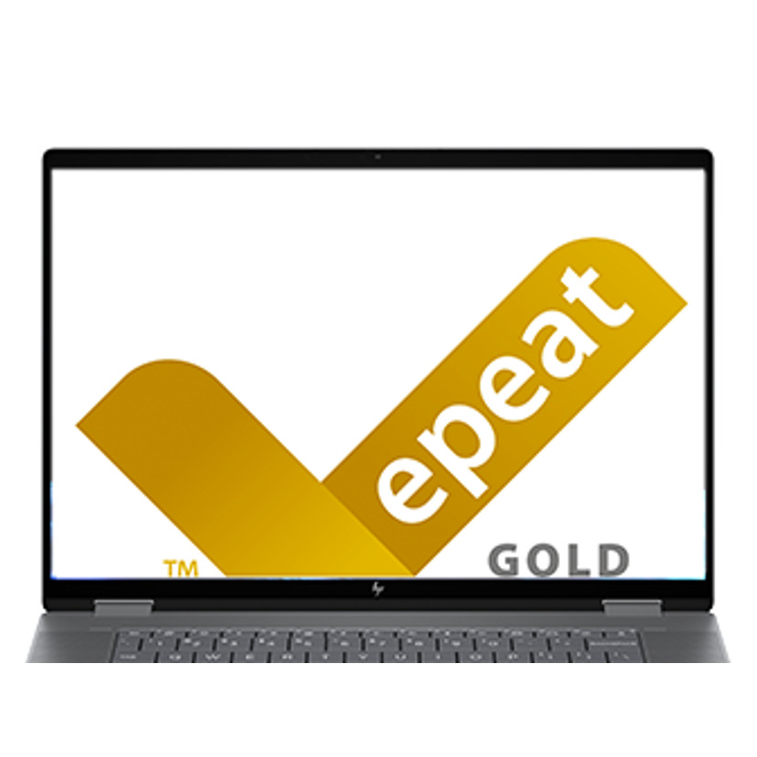Laptop toont een gouden 'epeat' logo, witte achtergrond. Het toetsenbord en de frame zijn grijs.