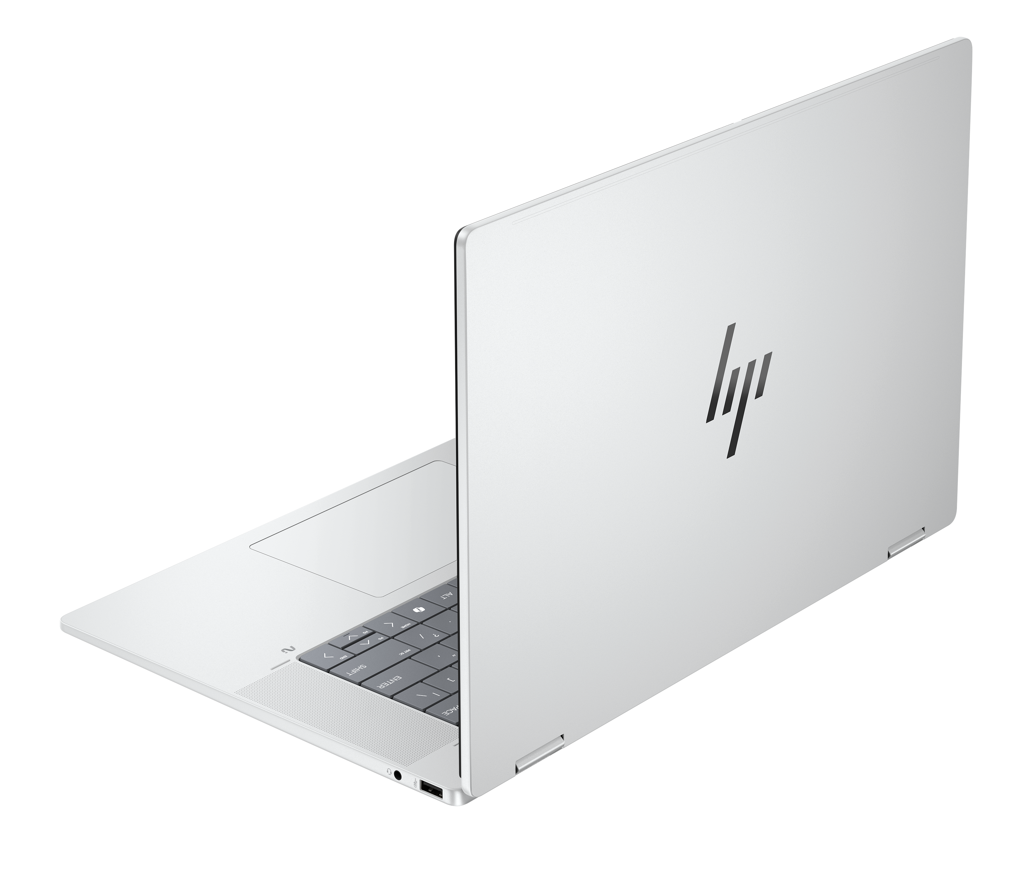 Biały laptop HP jest otwarty pod kątem. Widoczna jest klawiatura i ekran. Logo HP znajduje się na pokrywie.