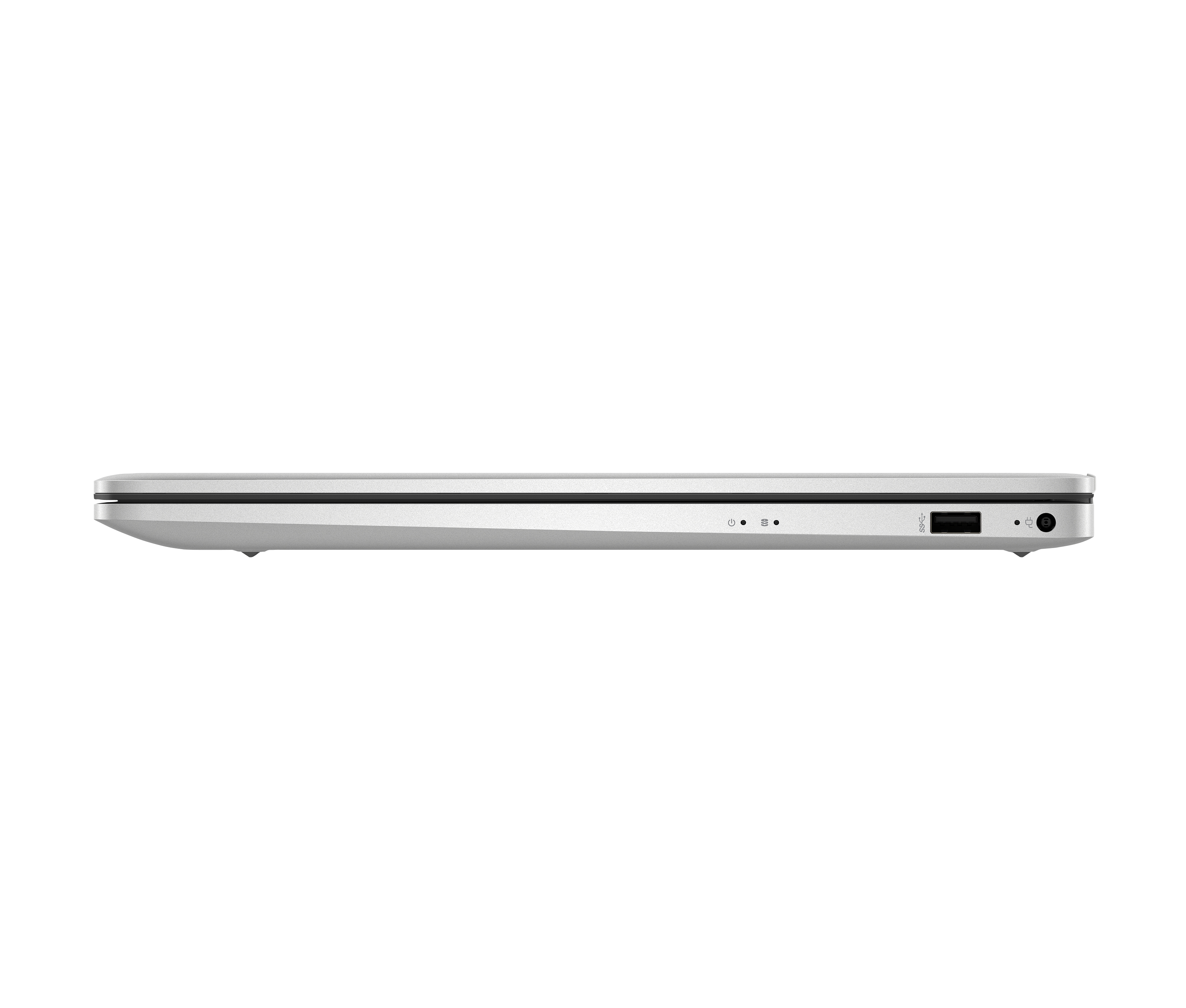 Side view of a silver laptop on a black background. Visible ports include USB, audio, and power.