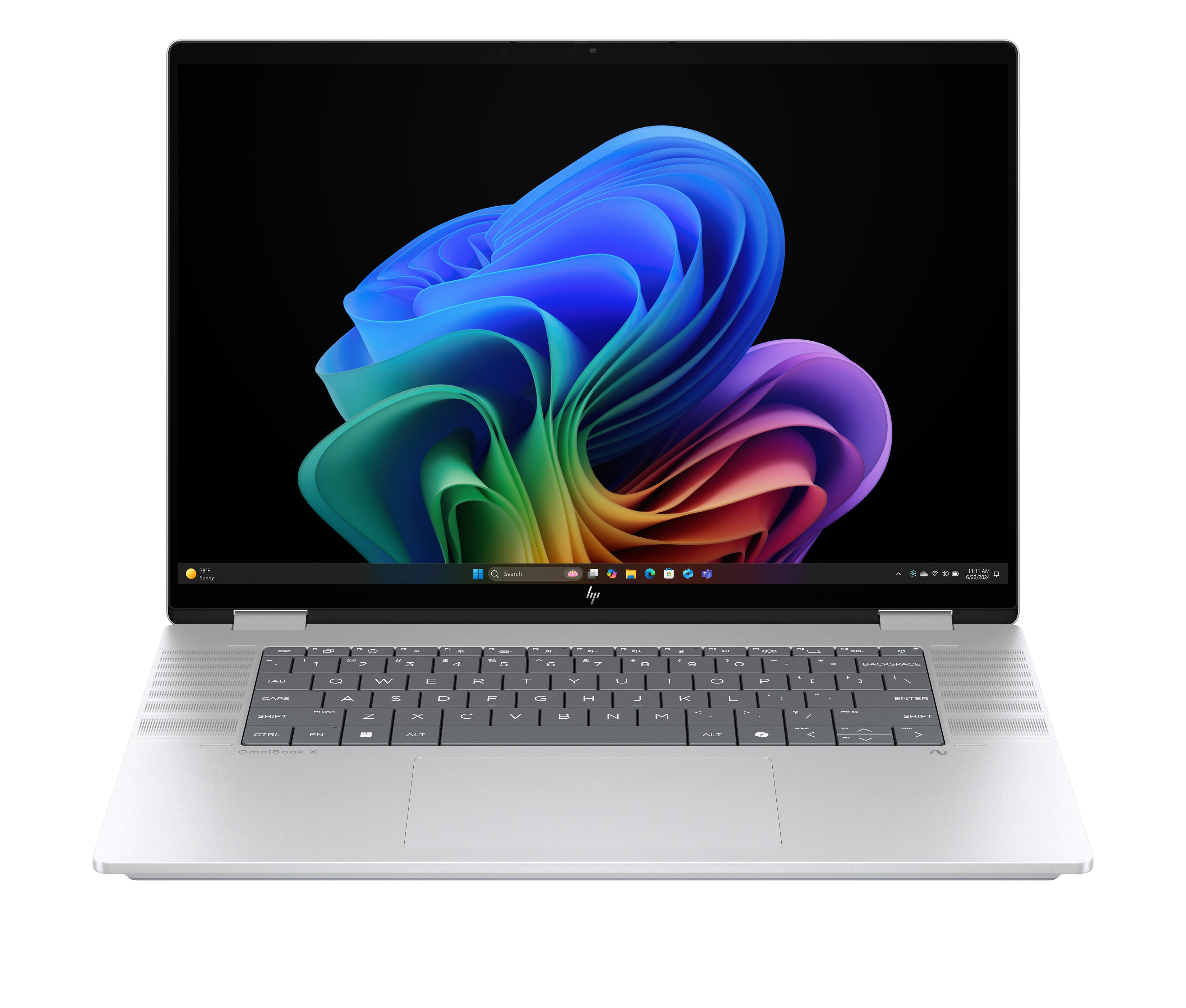 Otwarty srebrny laptop wyświetla kolorowy, abstrakcyjny obraz. Klawiatura jest widoczna, ekran jasny.