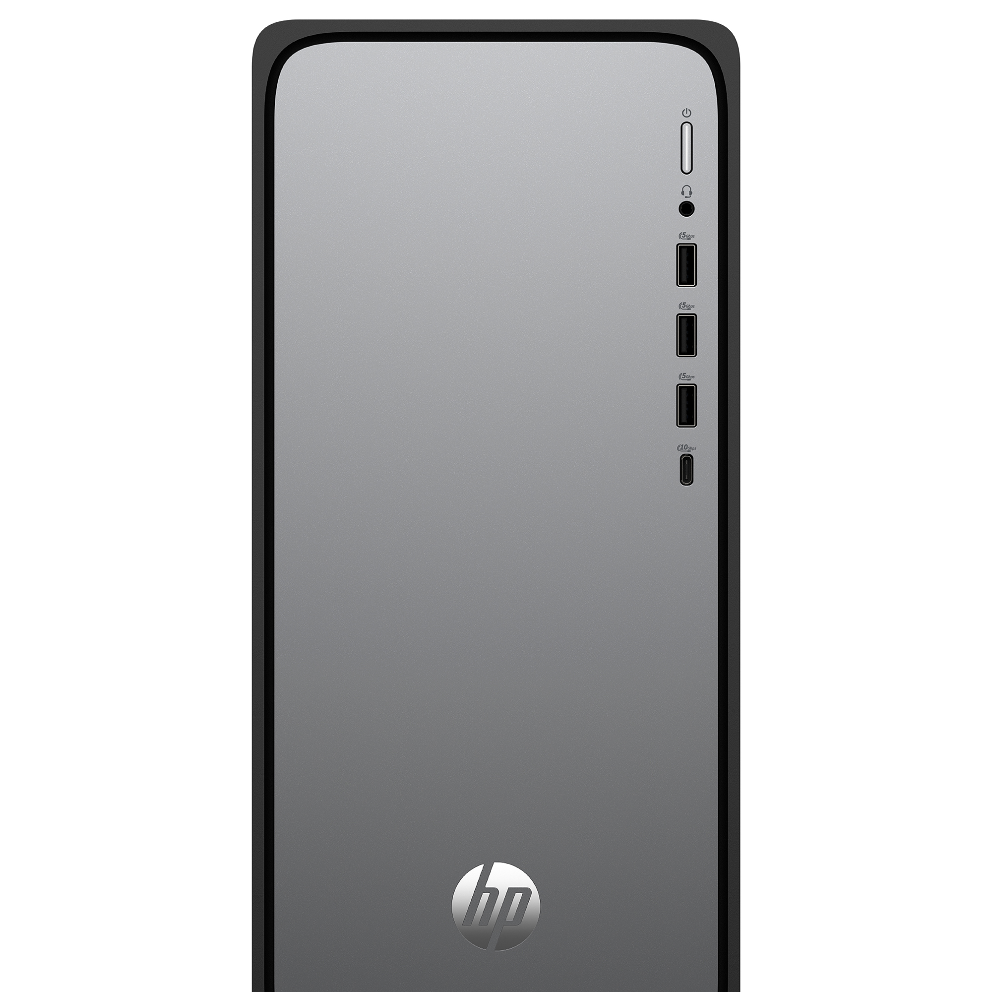 Vorderansicht eines grauen HP-Desktop-Computers mit Strom- und USB-Anschlüssen und dem HP-Logo.