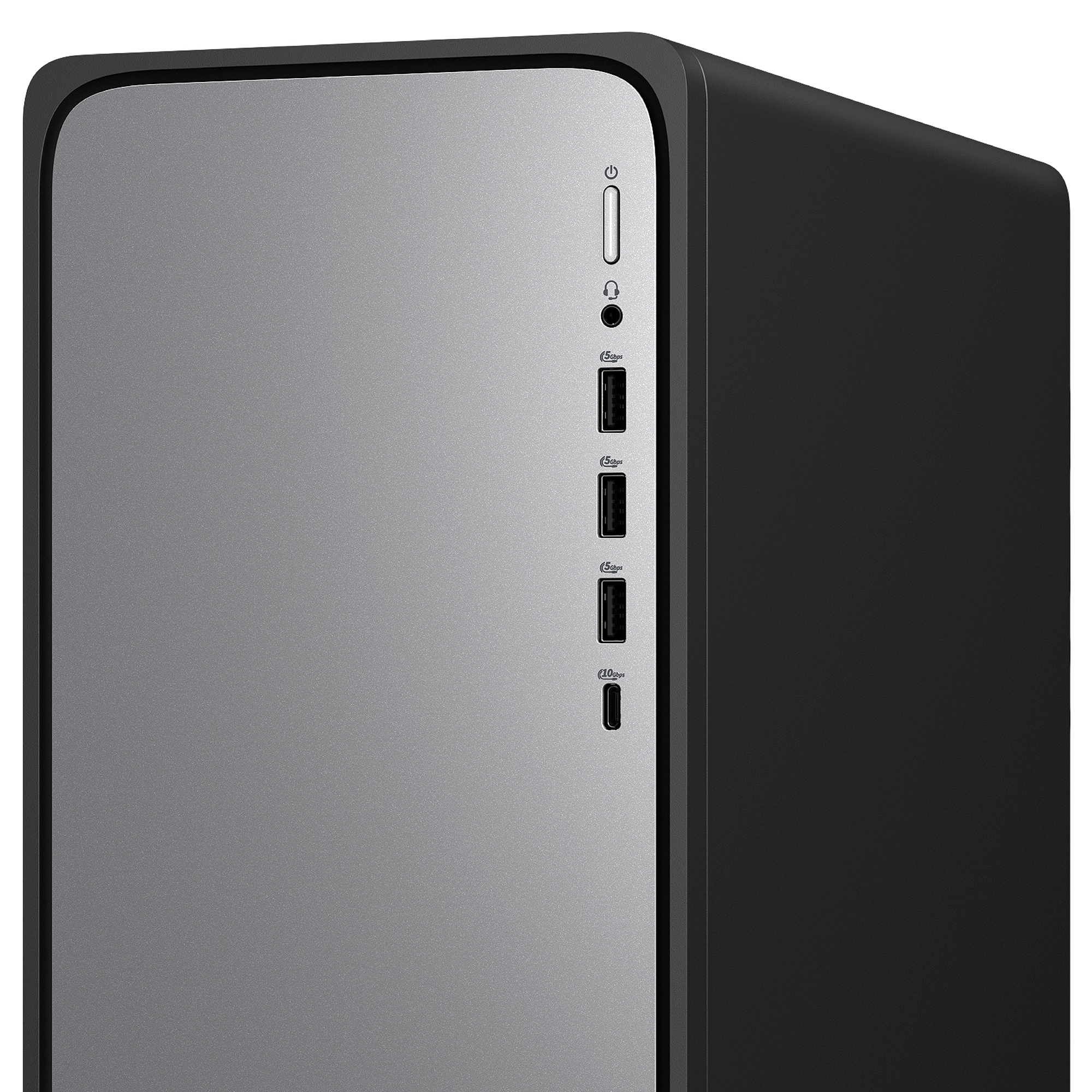 Ein silbernes Computergehäuse mit schwarzem Rand. Es hat Strom- und Audioanschlüsse sowie USB-Anschlüsse.