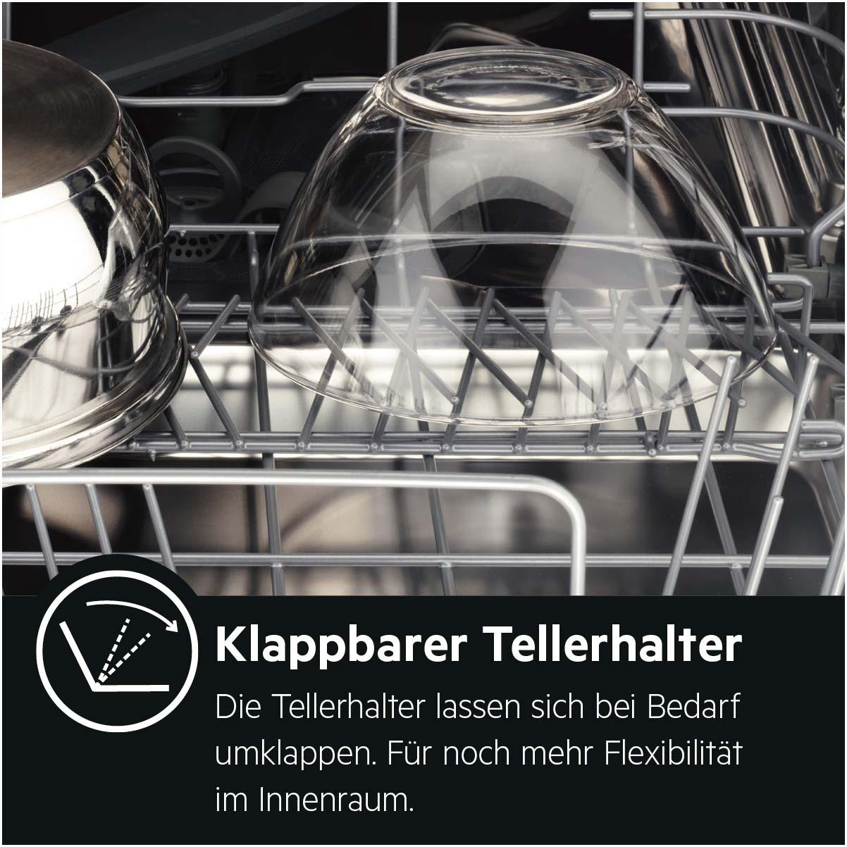 Geschirrspüler-Innenraum mit Glasschüssel und Metalltopf. Das Gestellsystem ist sichtbar. Text: Klappbarer Tellerhalter, für Flexibilität.